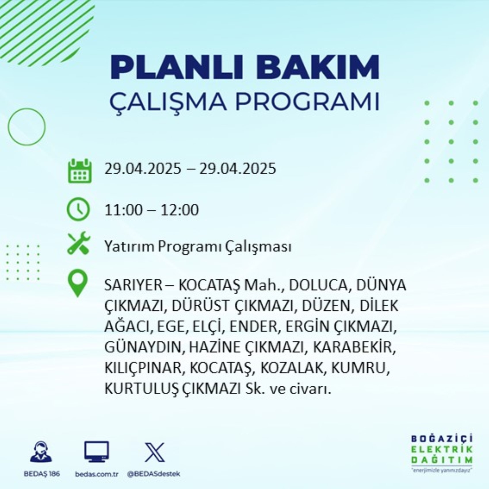 BEDAŞ paylaştı: İstanbul'da 29 Nisan Salı günü elektrik kesintisi yaşanacak ilçeler