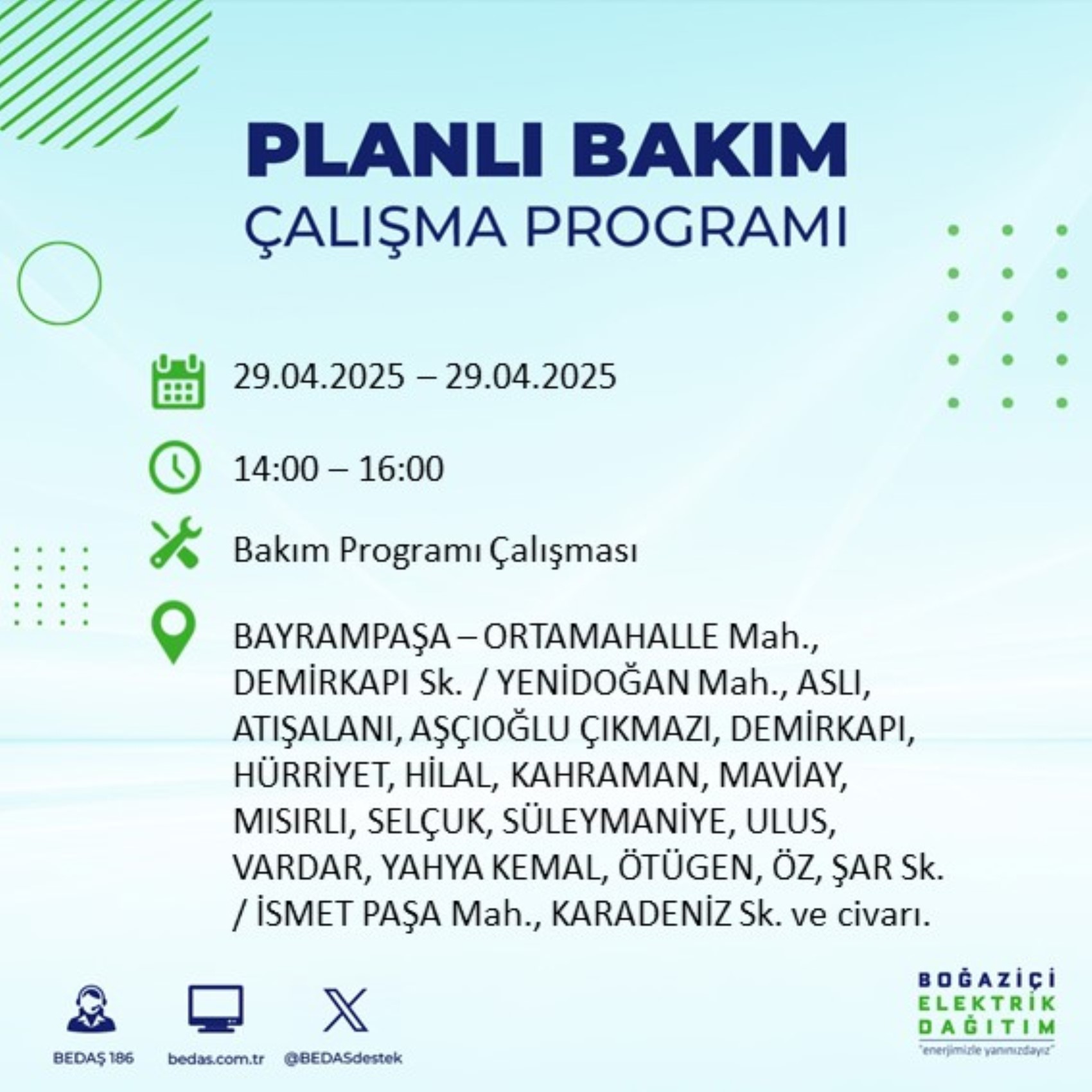 BEDAŞ paylaştı: İstanbul'da 29 Nisan Salı günü elektrik kesintisi yaşanacak ilçeler