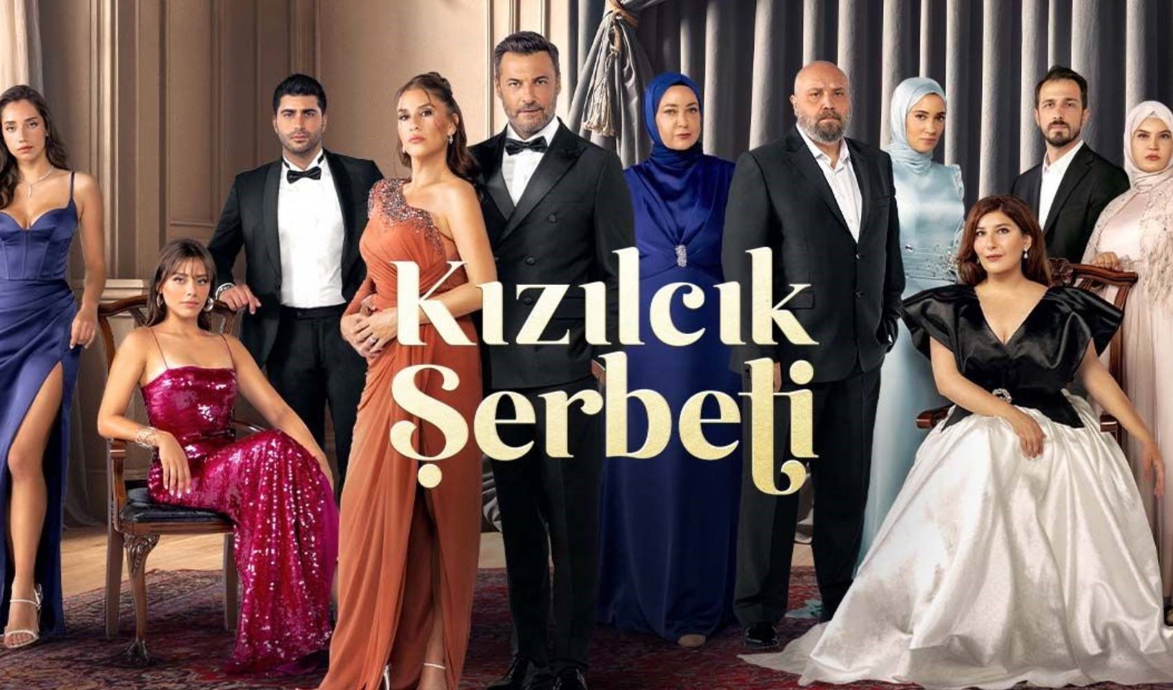 Kızılcık Şerbeti dizisinin oyuncularını bir arada gösteren tanıtım görseli.
