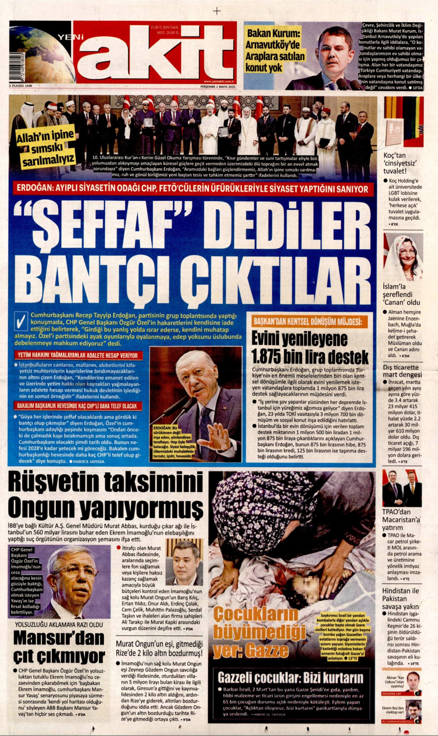 1 Mayıs 2025 gazete manşetleri: ‘AKP’liysen suç işleme özgürlüğün var!’