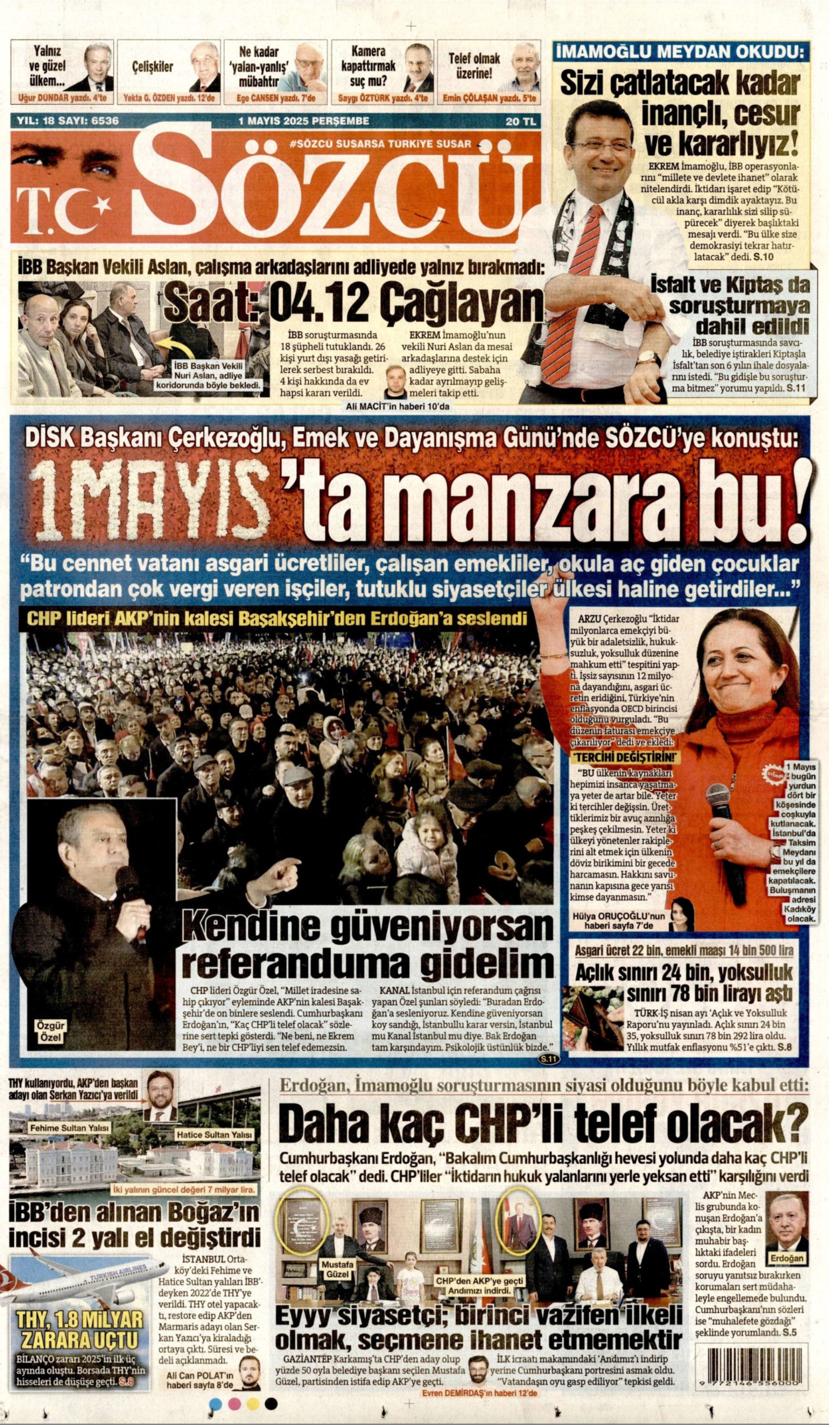 1 Mayıs 2025 gazete manşetleri: ‘AKP’liysen suç işleme özgürlüğün var!’