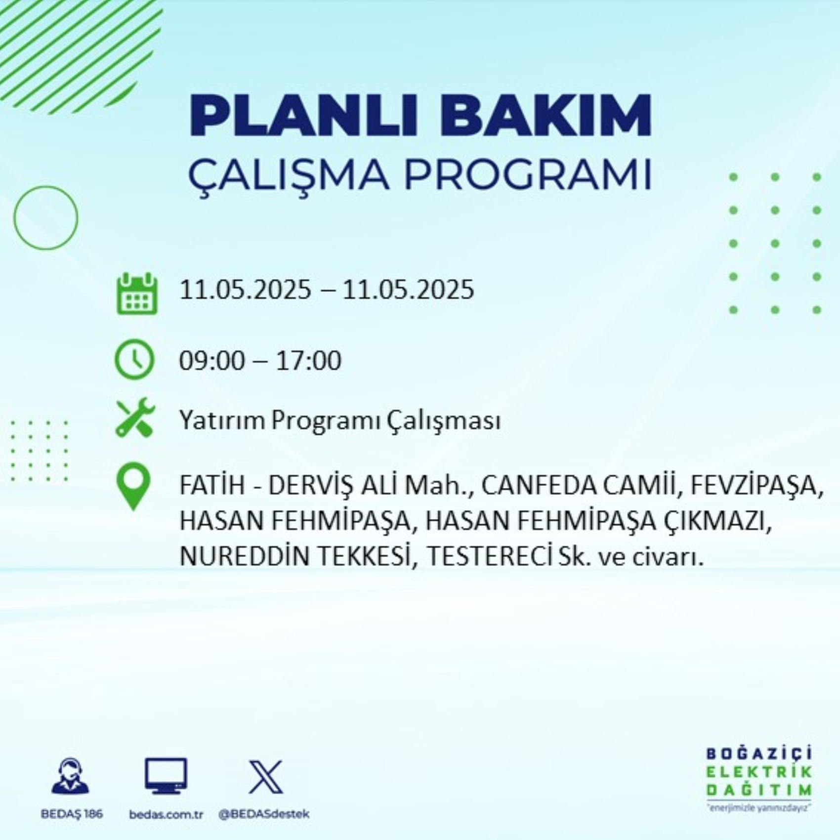 BEDAŞ paylaştı: İstanbul'da 11 Mayıs Pazar günü elektrik kesintisi yaşanacak ilçeler