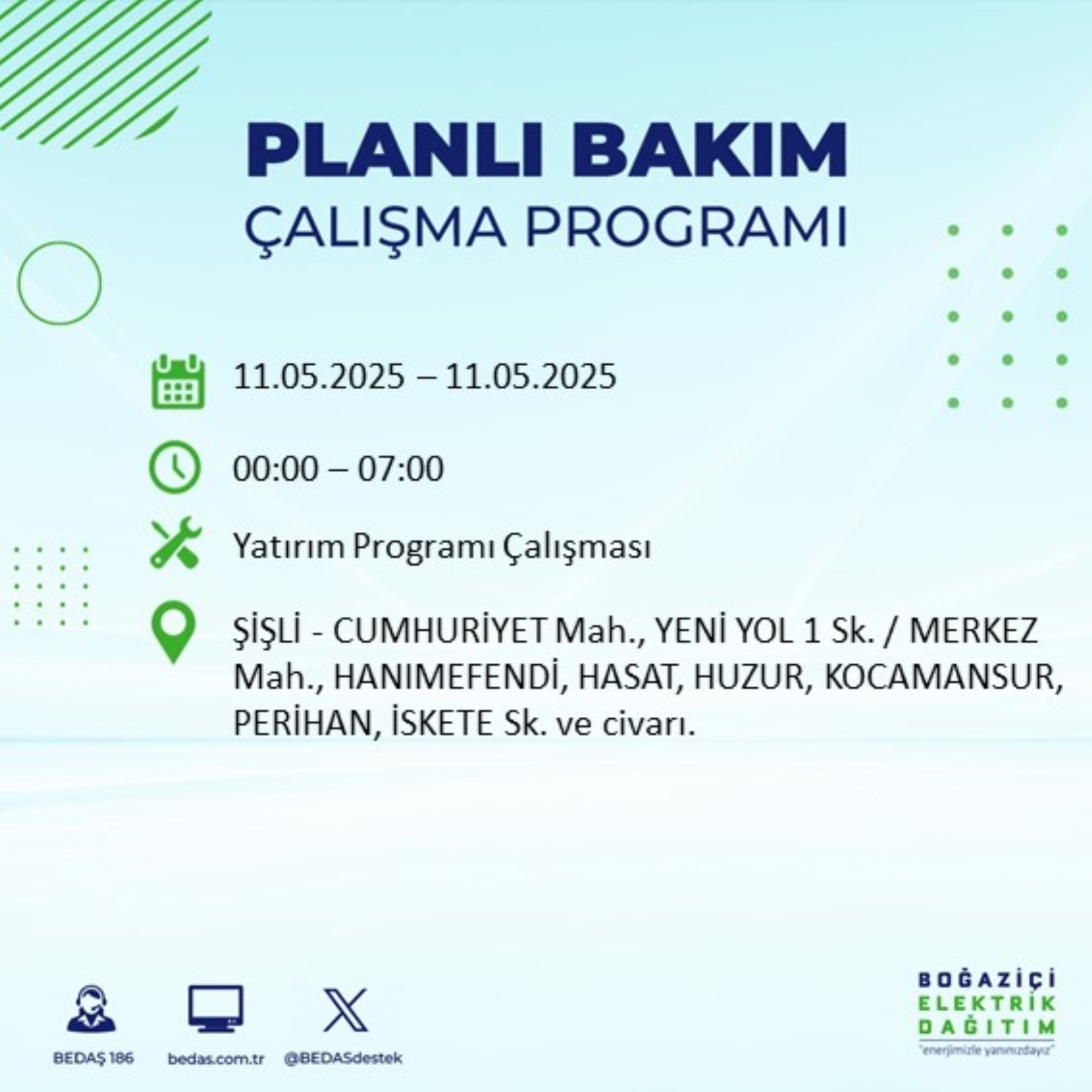 BEDAŞ paylaştı: İstanbul'da 11 Mayıs Pazar günü elektrik kesintisi yaşanacak ilçeler
