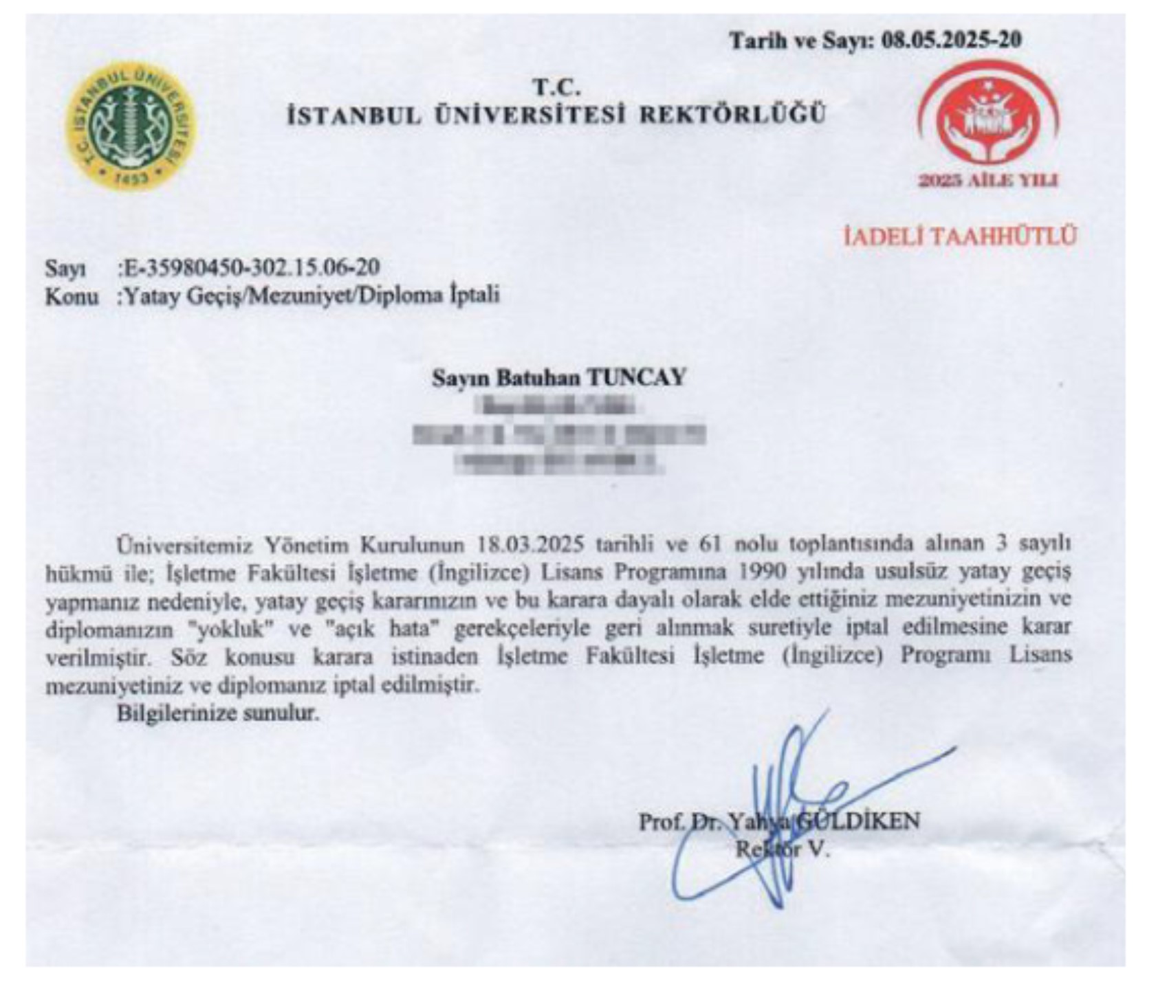 Rektör yerine vekil imza attı! İlk diploma iptal tebligatı gönderildi