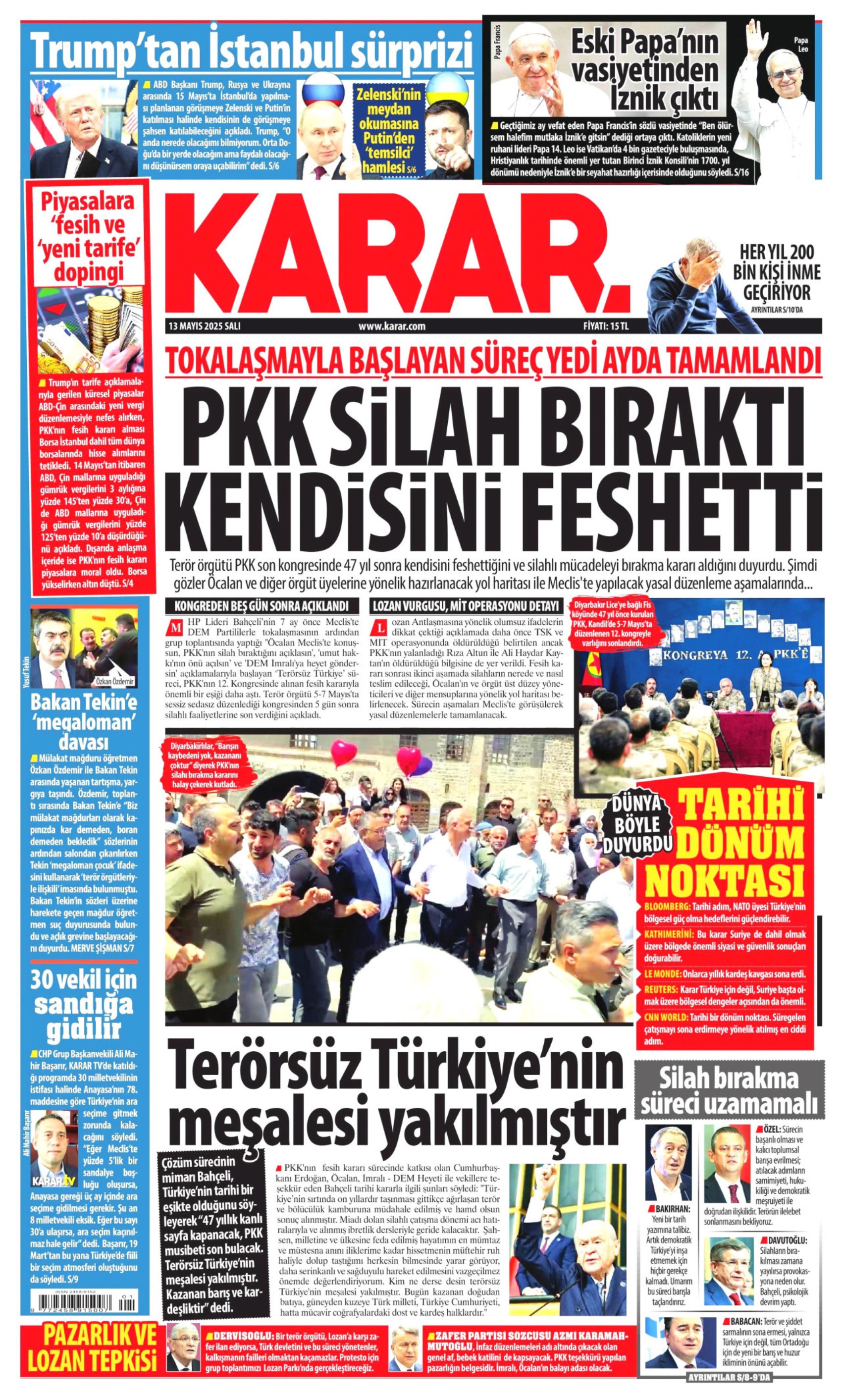 13 Mayıs 2025 gazete manşetleri: Gazeteler, terör örgütü PKK'nın fesih açıklamasını nasıl gördü?