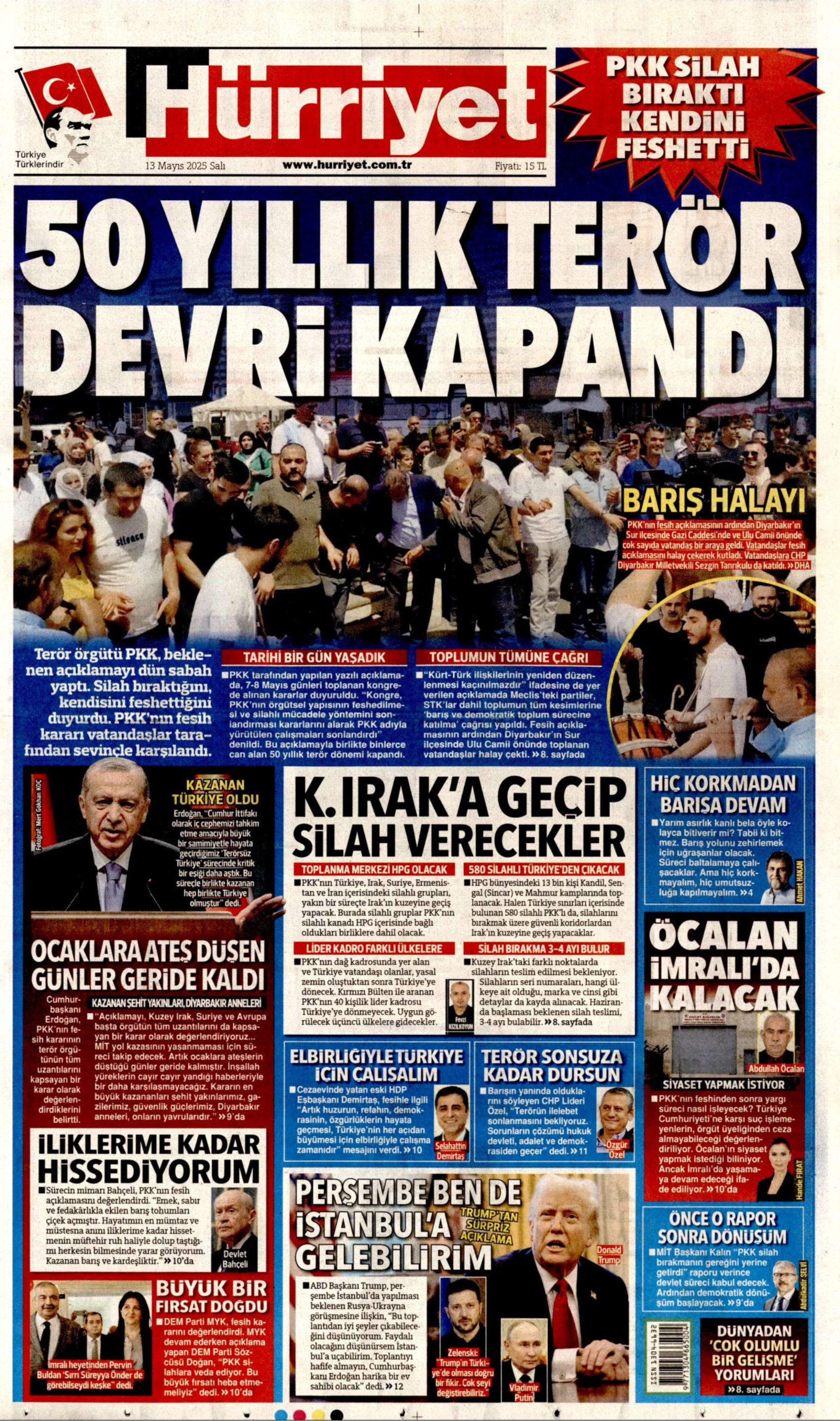 13 Mayıs 2025 gazete manşetleri: Gazeteler, terör örgütü PKK'nın fesih açıklamasını nasıl gördü?