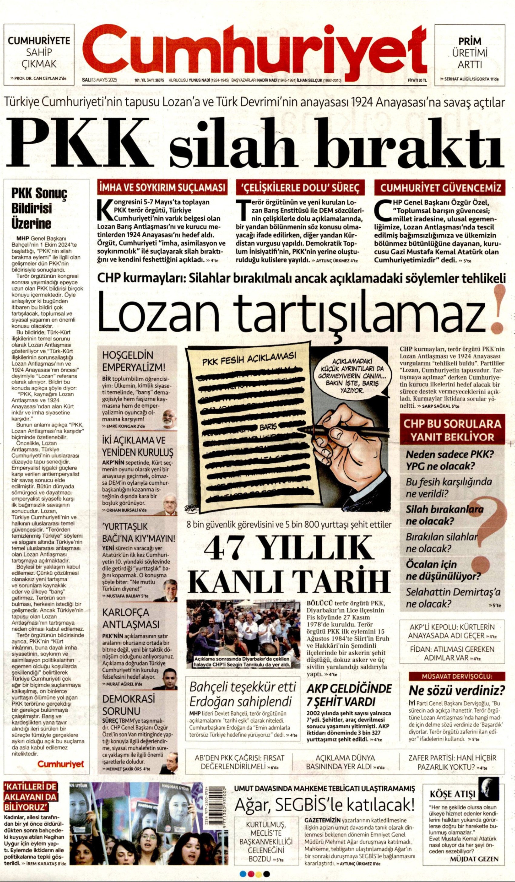 13 Mayıs 2025 gazete manşetleri: Gazeteler, terör örgütü PKK'nın fesih açıklamasını nasıl gördü?