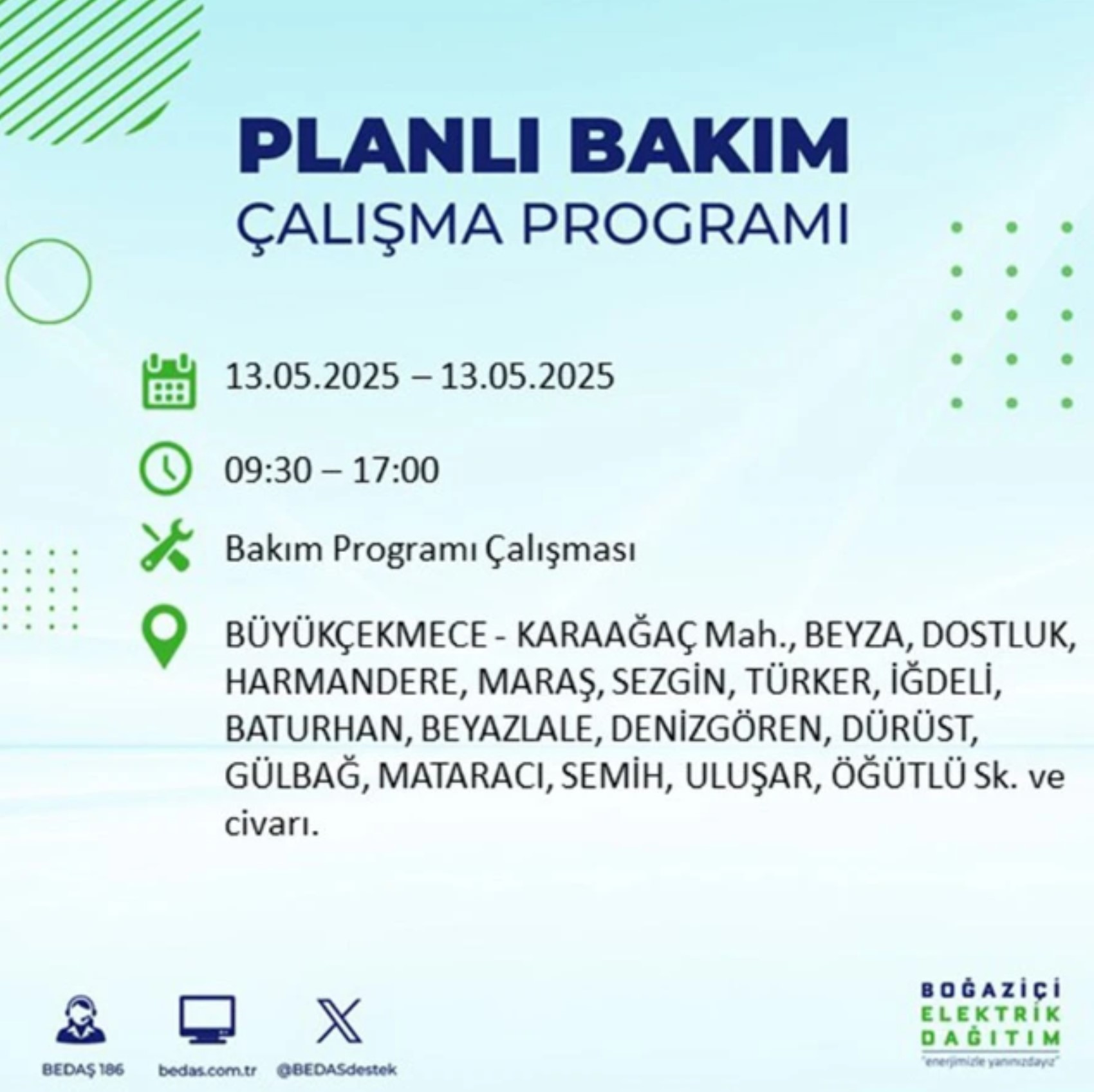BEDAŞ paylaştı: İstanbul'da 13 Mayıs Salı günü elektrik kesintisi yaşanacak ilçeler