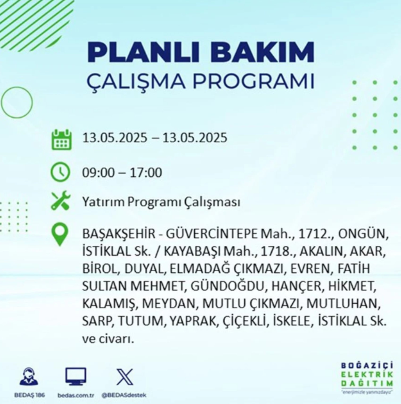 BEDAŞ paylaştı: İstanbul'da 13 Mayıs Salı günü elektrik kesintisi yaşanacak ilçeler