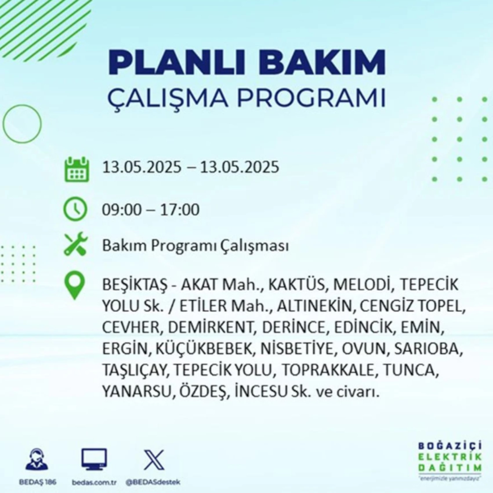 BEDAŞ paylaştı: İstanbul'da 13 Mayıs Salı günü elektrik kesintisi yaşanacak ilçeler