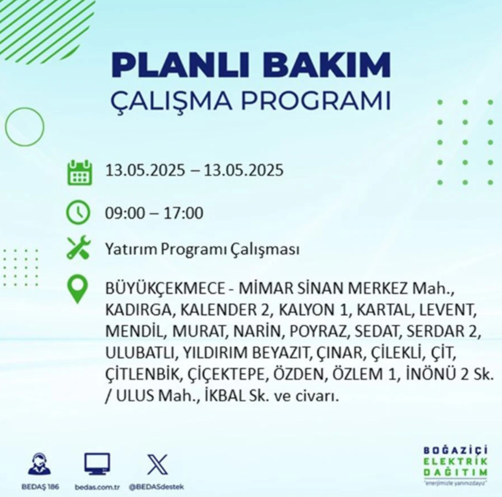 BEDAŞ paylaştı: İstanbul'da 13 Mayıs Salı günü elektrik kesintisi yaşanacak ilçeler