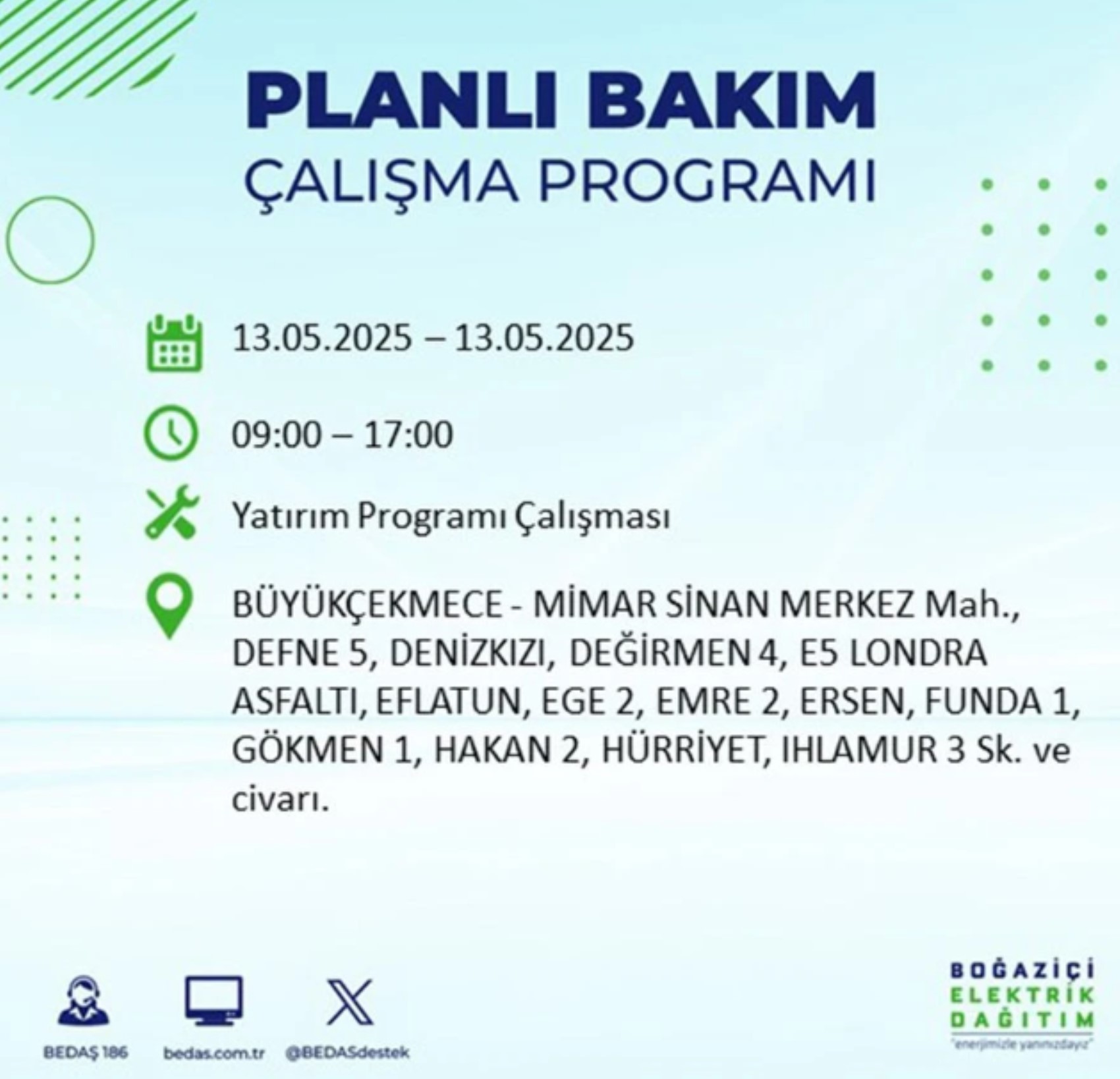 BEDAŞ paylaştı: İstanbul'da 13 Mayıs Salı günü elektrik kesintisi yaşanacak ilçeler