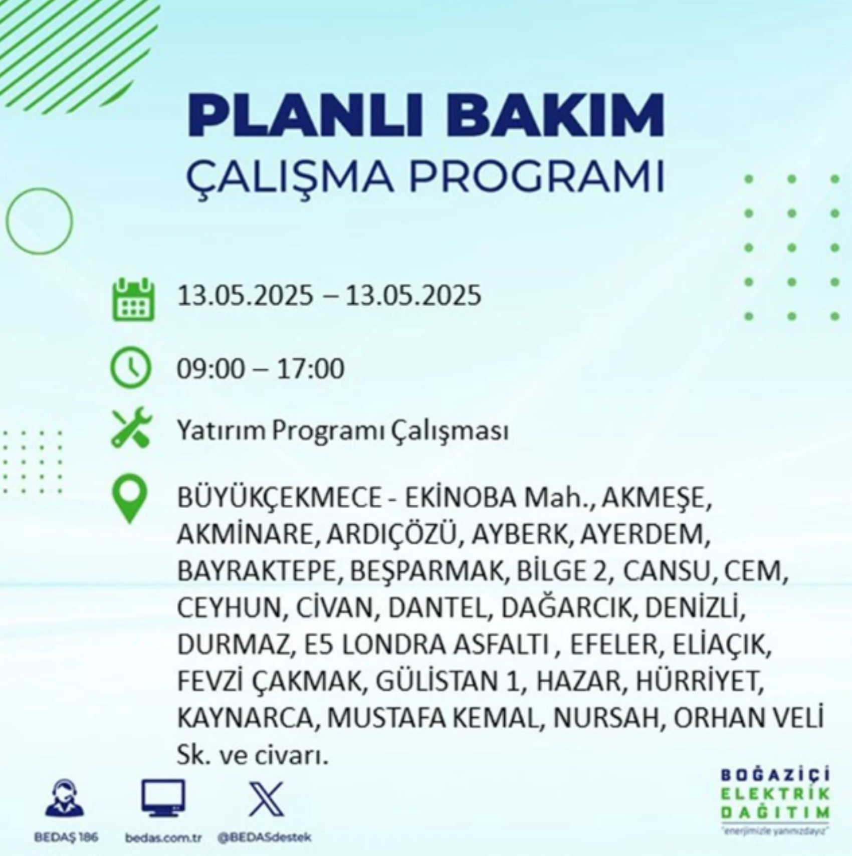 BEDAŞ paylaştı: İstanbul'da 13 Mayıs Salı günü elektrik kesintisi yaşanacak ilçeler