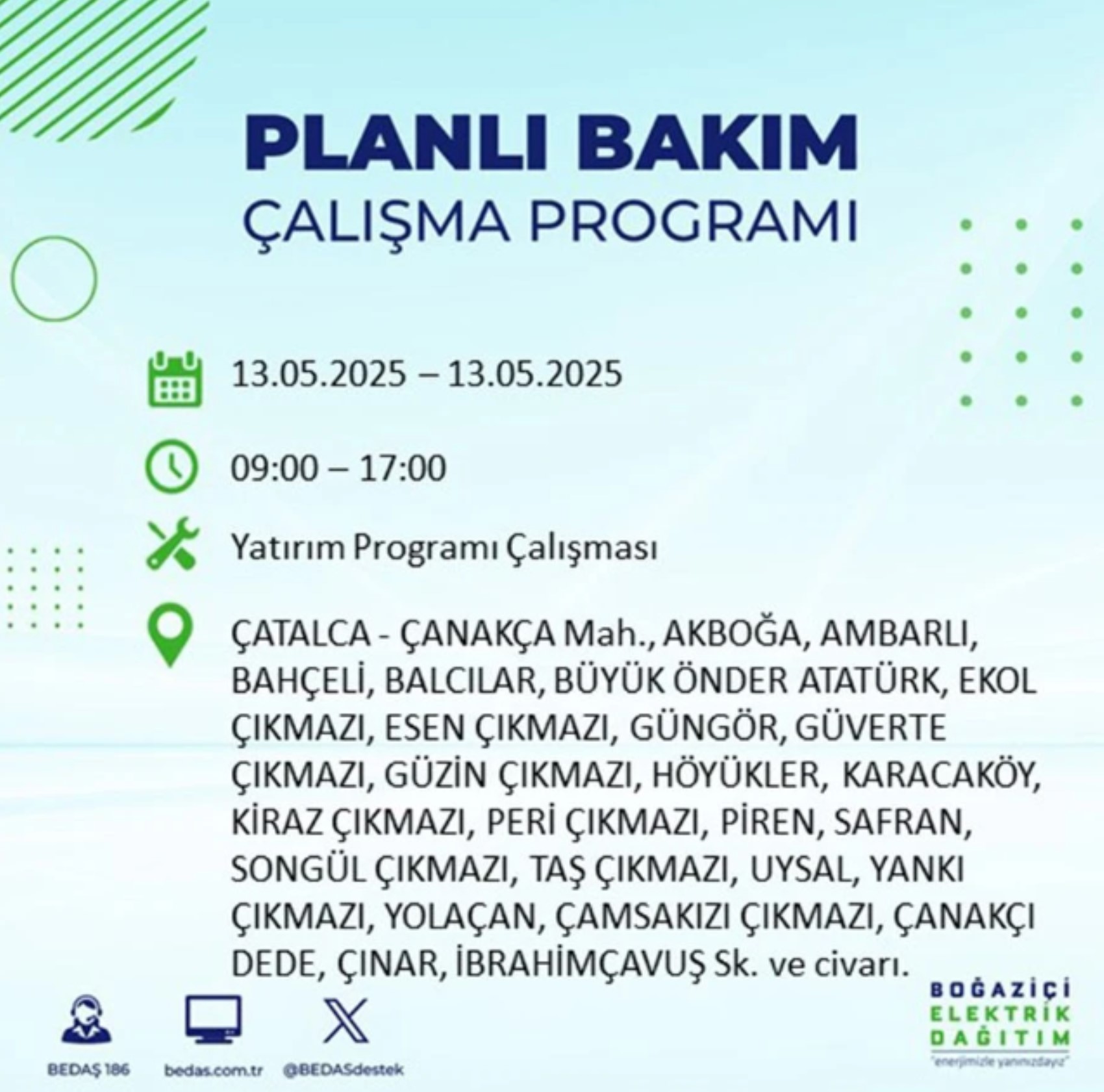 BEDAŞ paylaştı: İstanbul'da 13 Mayıs Salı günü elektrik kesintisi yaşanacak ilçeler