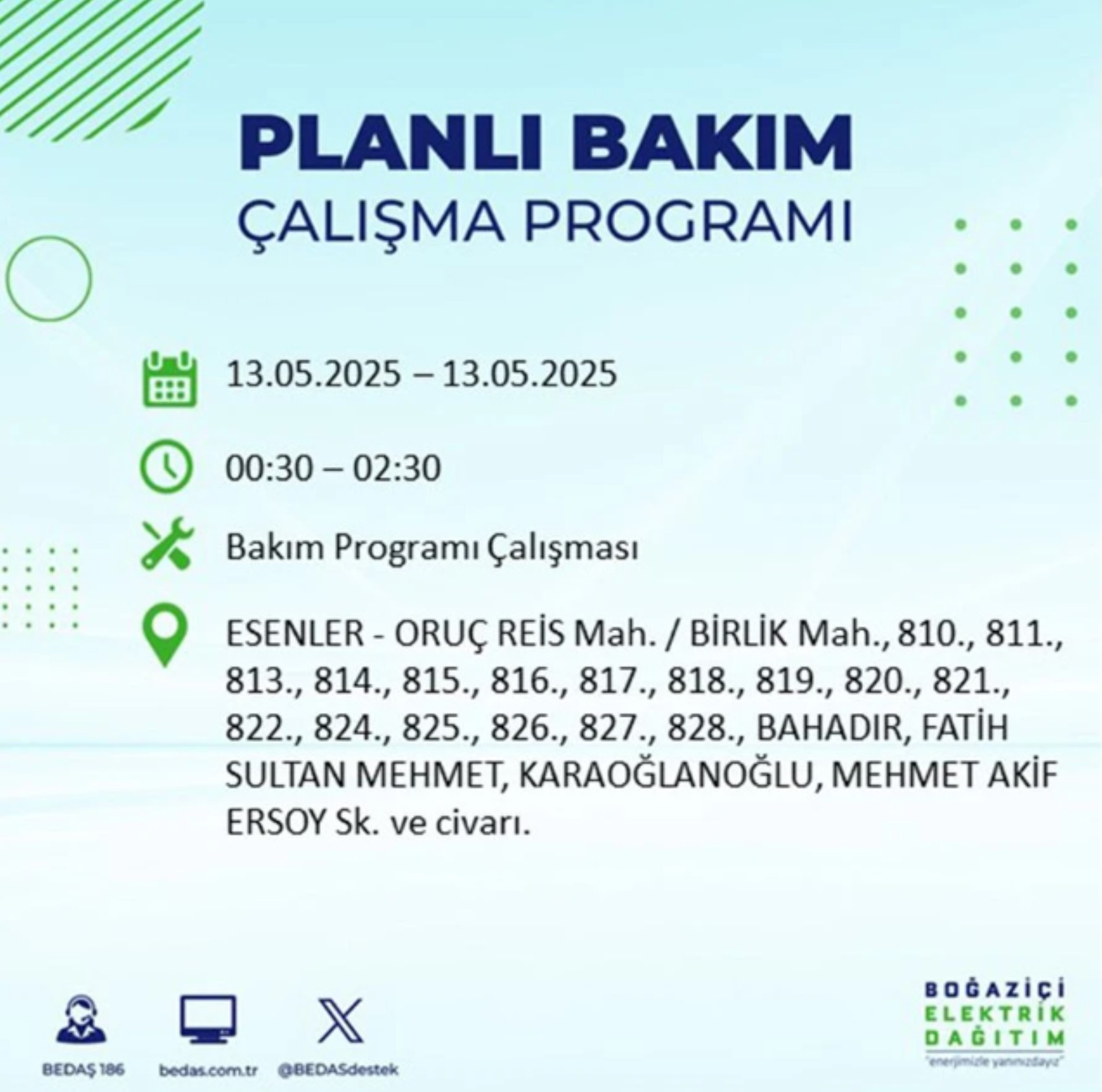 BEDAŞ paylaştı: İstanbul'da 13 Mayıs Salı günü elektrik kesintisi yaşanacak ilçeler