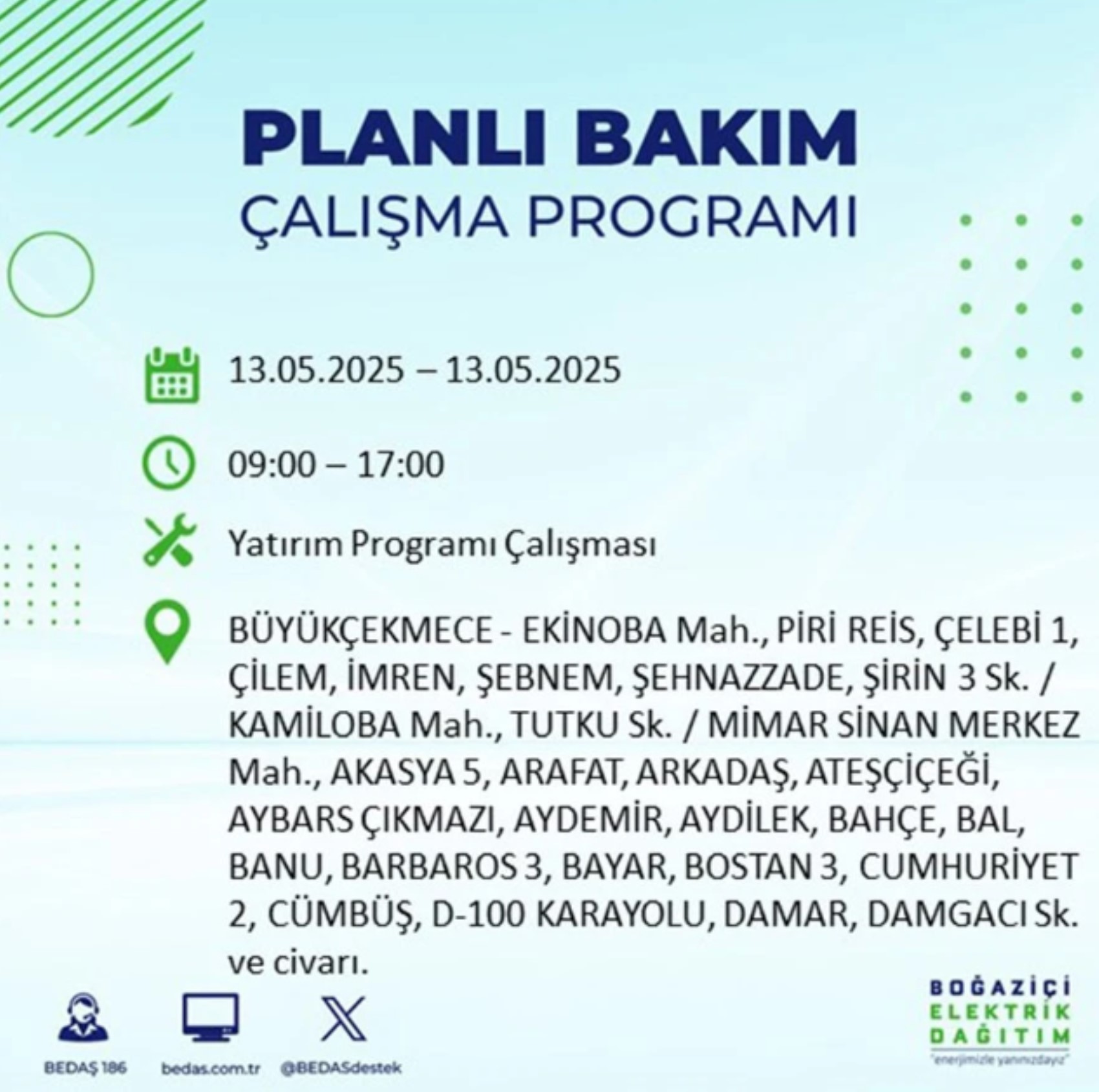 BEDAŞ paylaştı: İstanbul'da 13 Mayıs Salı günü elektrik kesintisi yaşanacak ilçeler