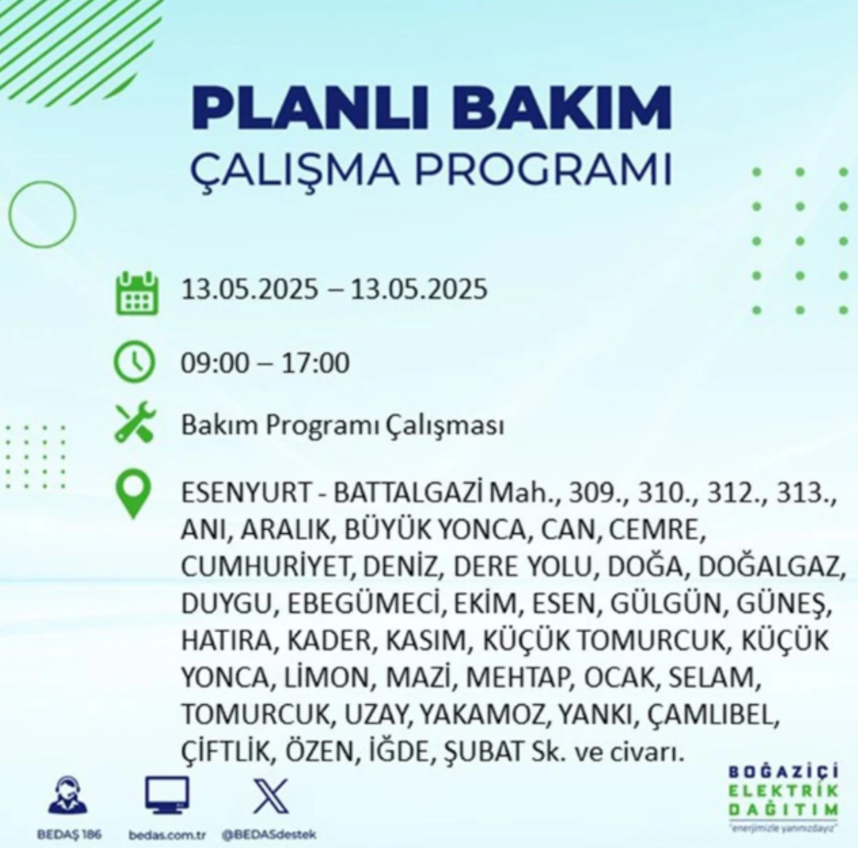 BEDAŞ paylaştı: İstanbul'da 13 Mayıs Salı günü elektrik kesintisi yaşanacak ilçeler