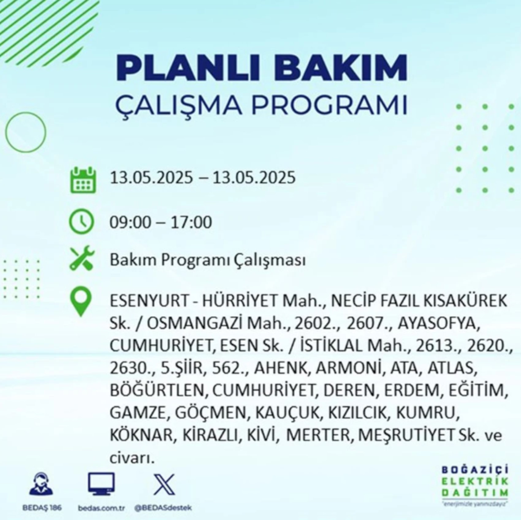 BEDAŞ paylaştı: İstanbul'da 13 Mayıs Salı günü elektrik kesintisi yaşanacak ilçeler