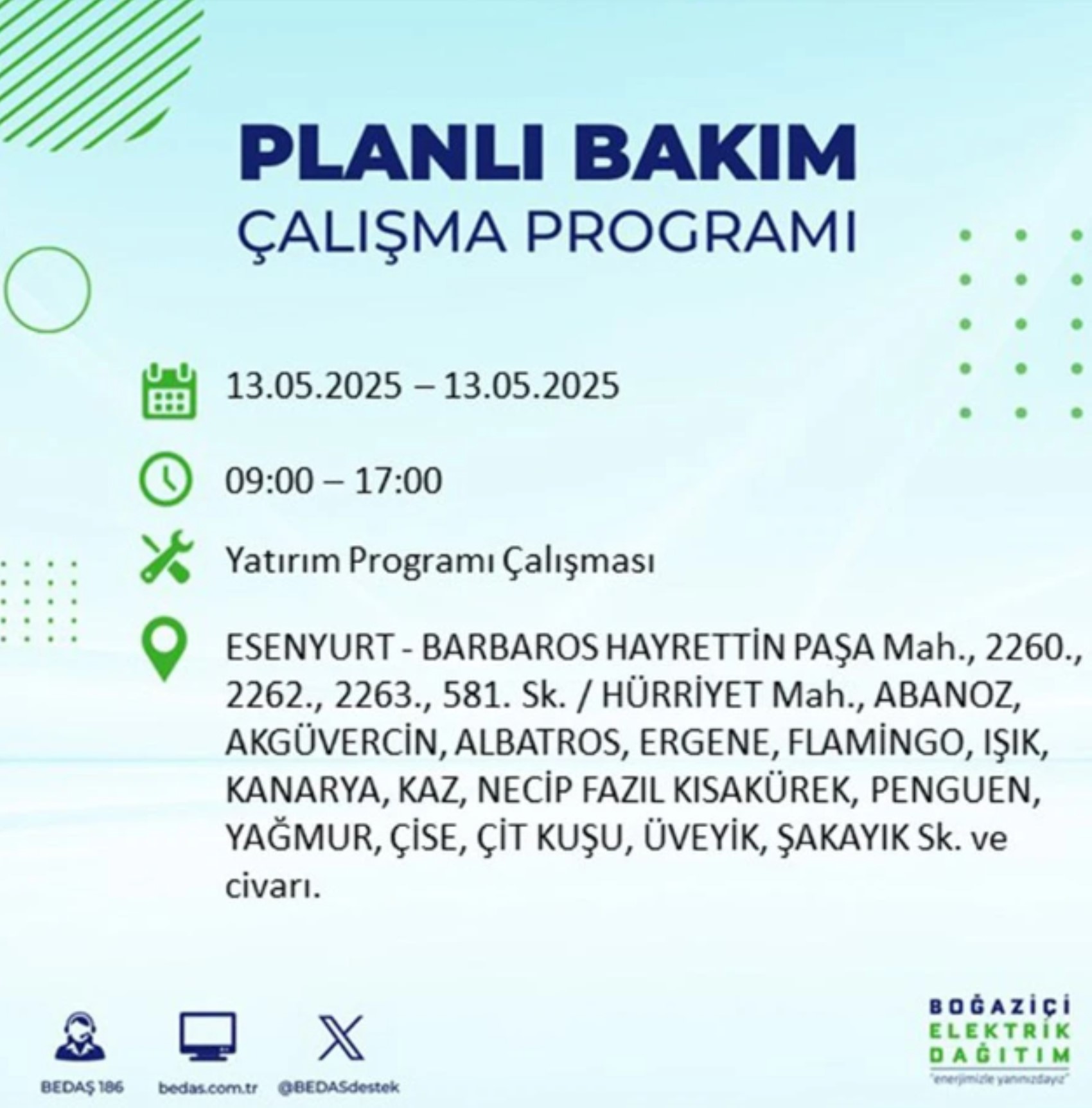 BEDAŞ paylaştı: İstanbul'da 13 Mayıs Salı günü elektrik kesintisi yaşanacak ilçeler