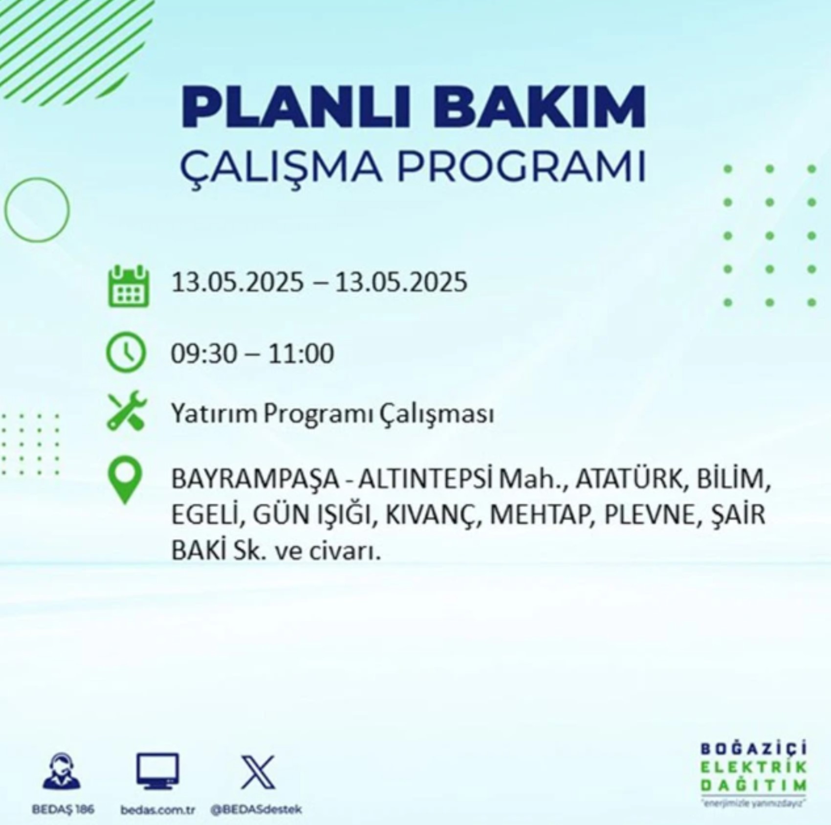 BEDAŞ paylaştı: İstanbul'da 13 Mayıs Salı günü elektrik kesintisi yaşanacak ilçeler
