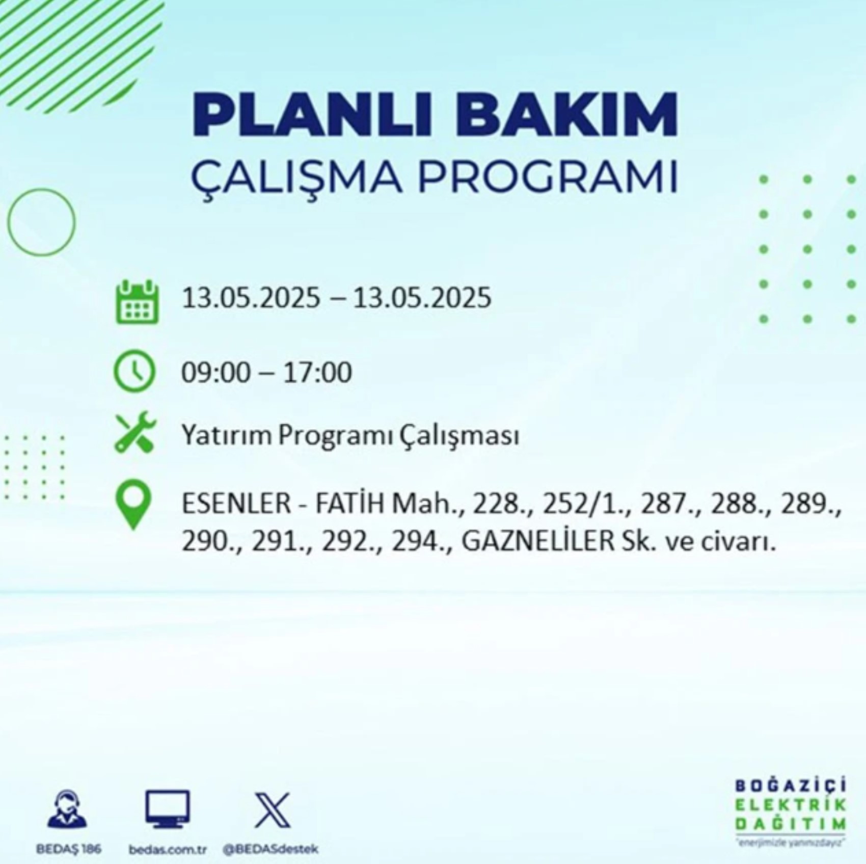 BEDAŞ paylaştı: İstanbul'da 13 Mayıs Salı günü elektrik kesintisi yaşanacak ilçeler