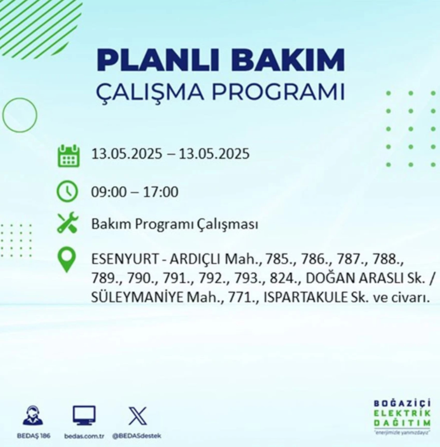 BEDAŞ paylaştı: İstanbul'da 13 Mayıs Salı günü elektrik kesintisi yaşanacak ilçeler
