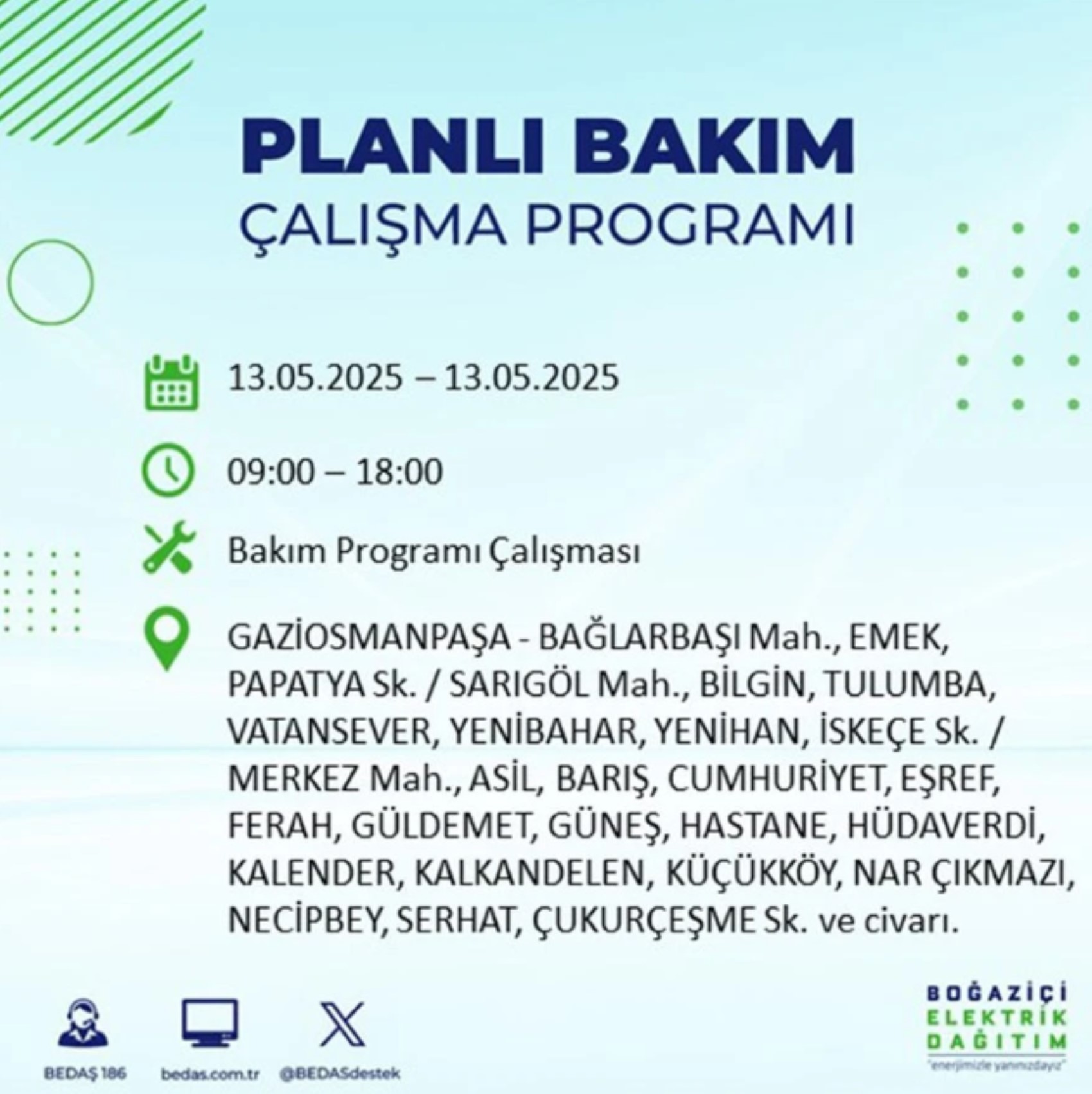 BEDAŞ paylaştı: İstanbul'da 13 Mayıs Salı günü elektrik kesintisi yaşanacak ilçeler