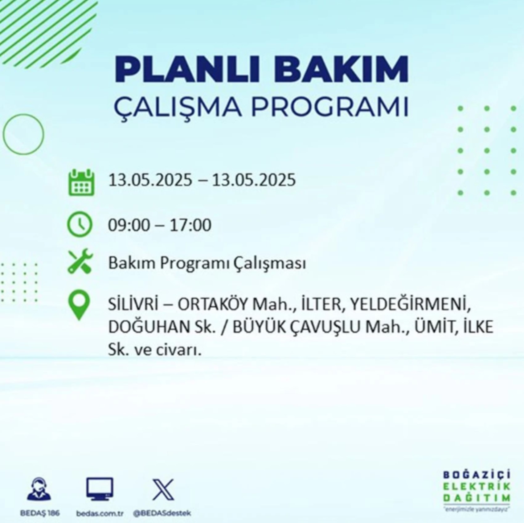 BEDAŞ paylaştı: İstanbul'da 13 Mayıs Salı günü elektrik kesintisi yaşanacak ilçeler