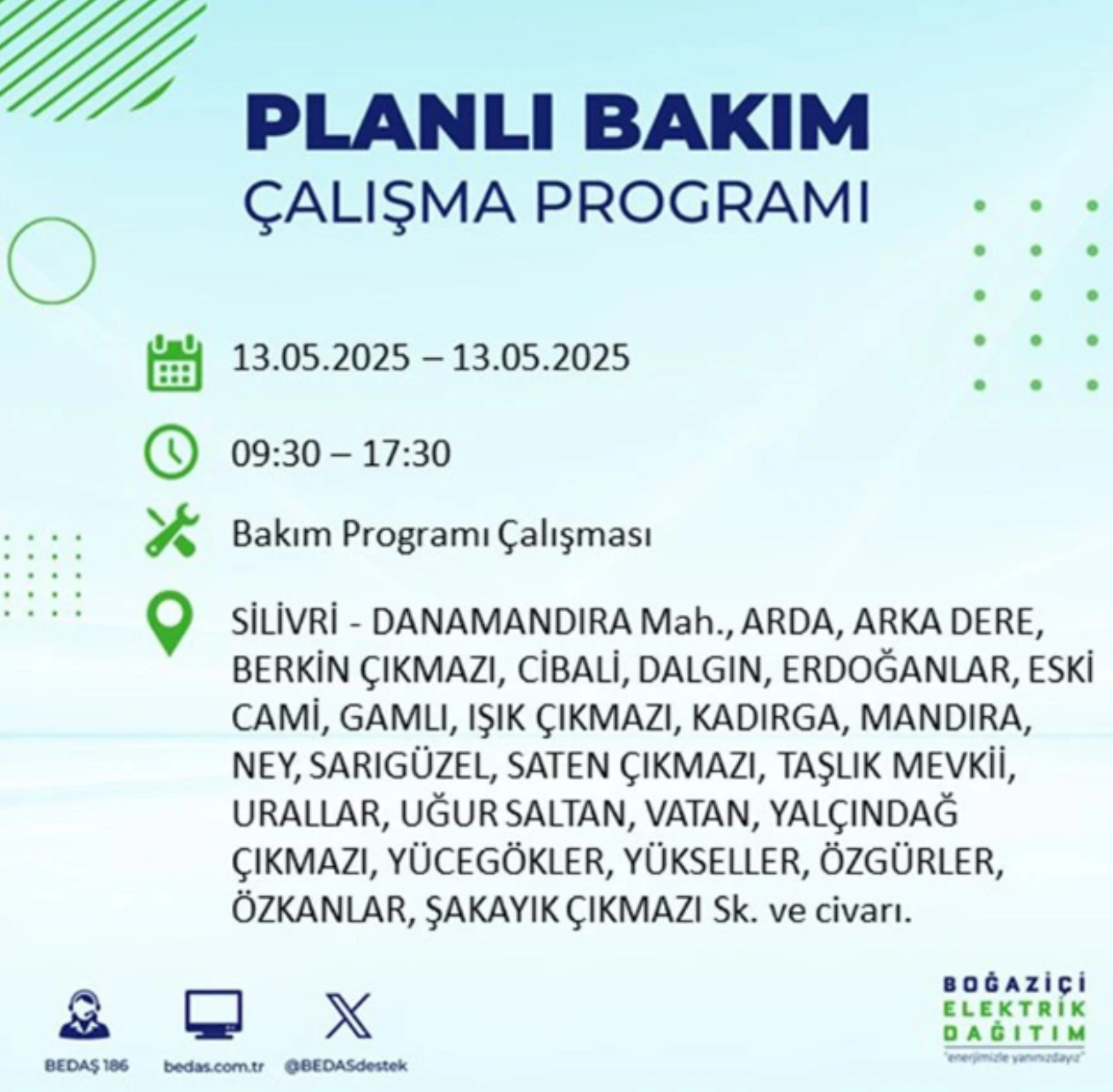 BEDAŞ paylaştı: İstanbul'da 13 Mayıs Salı günü elektrik kesintisi yaşanacak ilçeler