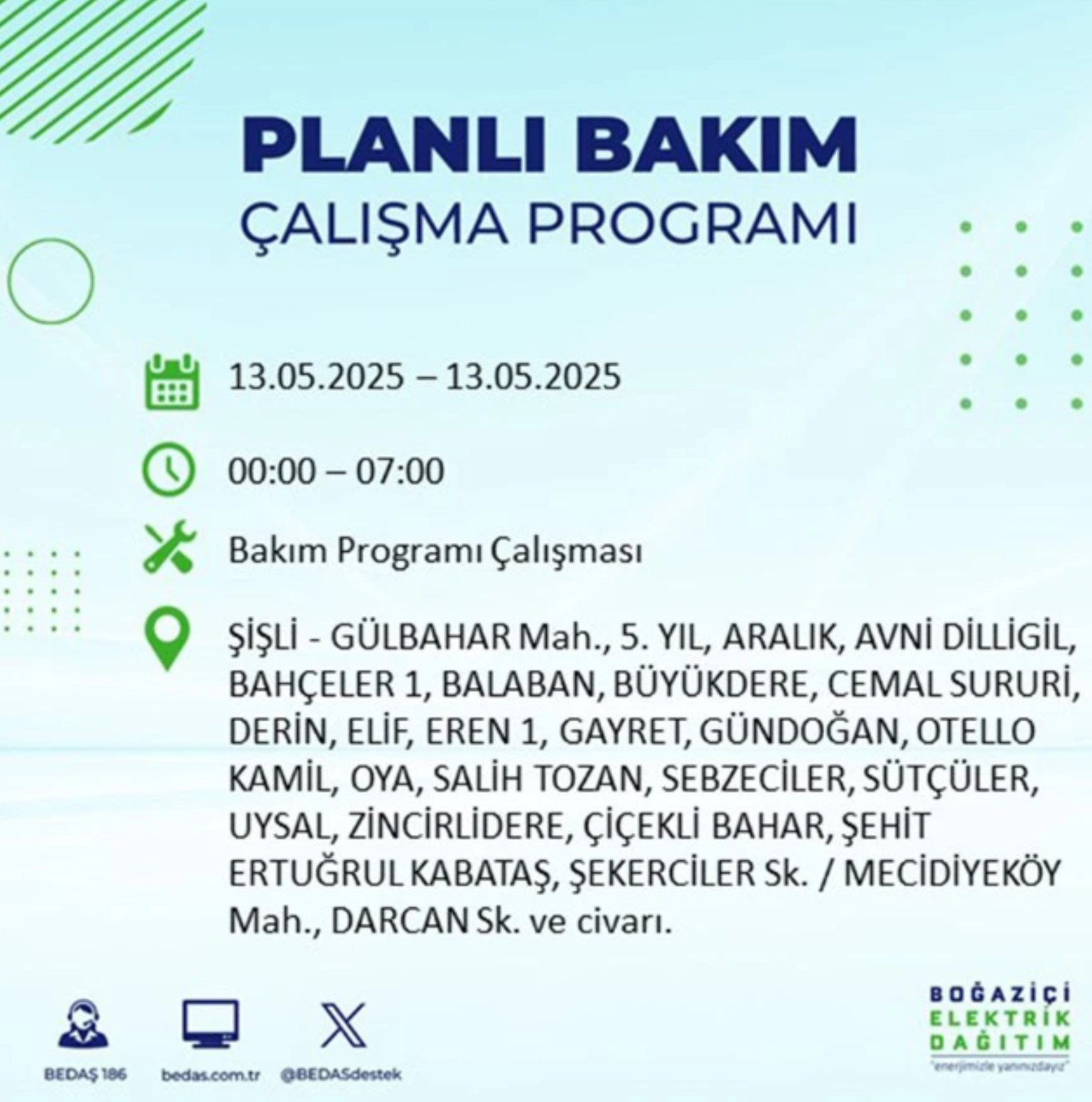 BEDAŞ paylaştı: İstanbul'da 13 Mayıs Salı günü elektrik kesintisi yaşanacak ilçeler