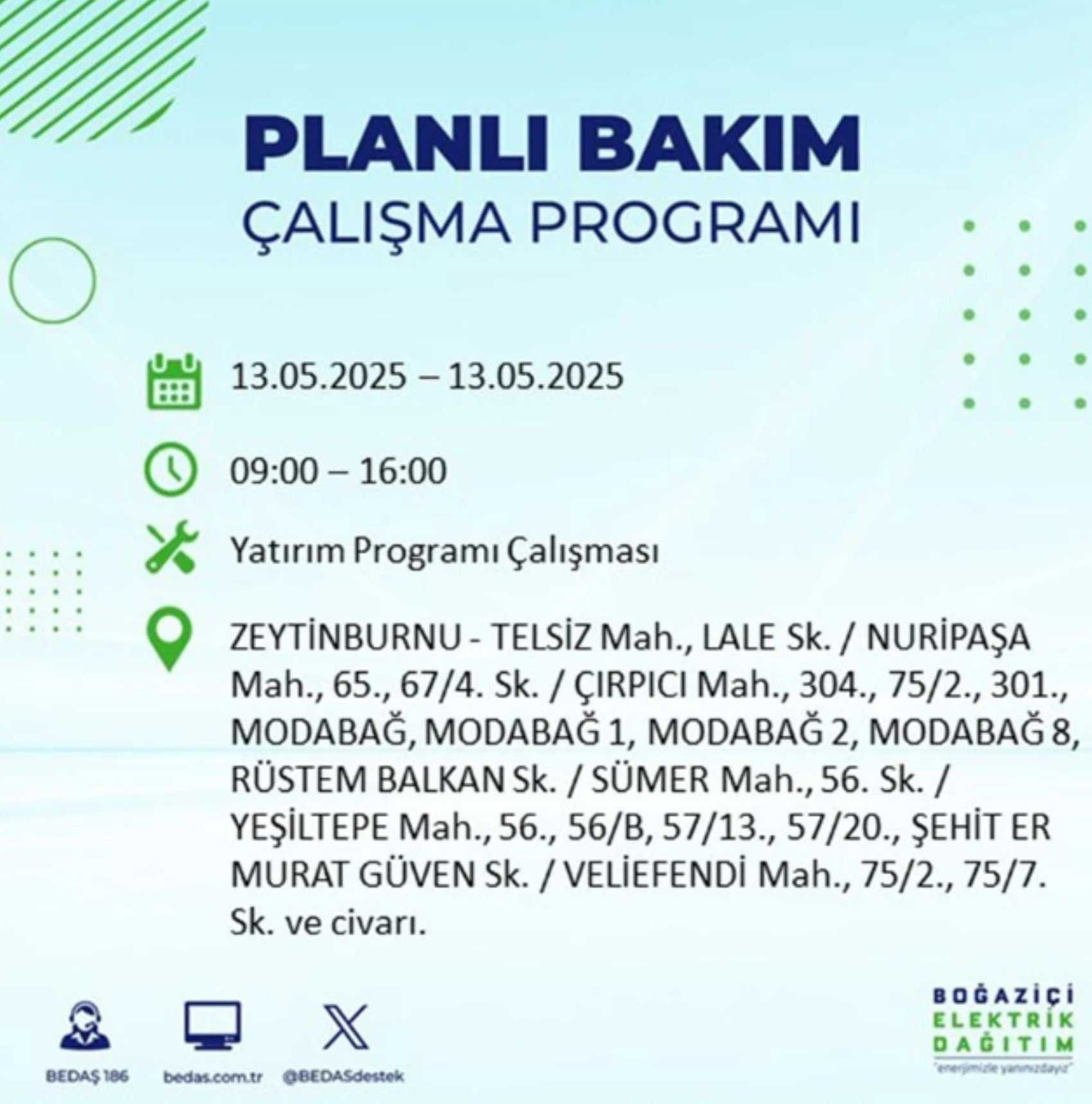 BEDAŞ paylaştı: İstanbul'da 13 Mayıs Salı günü elektrik kesintisi yaşanacak ilçeler