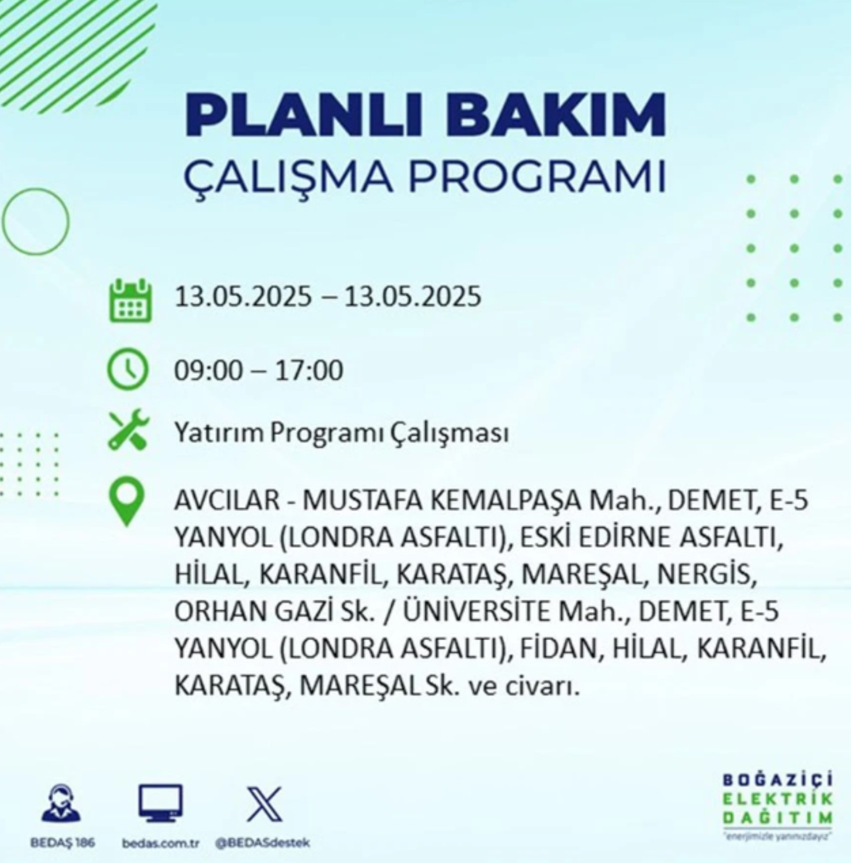 BEDAŞ paylaştı: İstanbul'da 13 Mayıs Salı günü elektrik kesintisi yaşanacak ilçeler