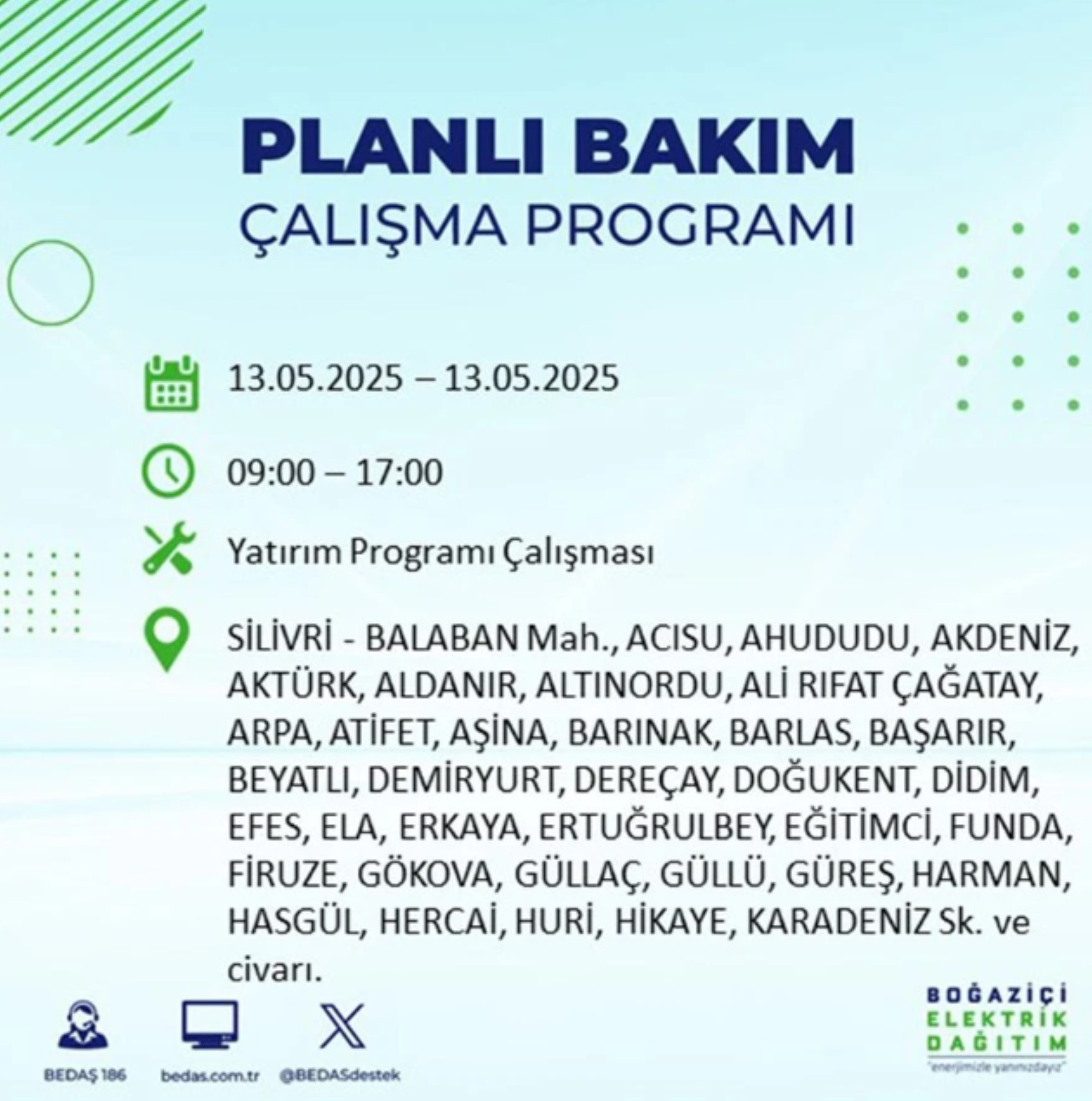 BEDAŞ paylaştı: İstanbul'da 13 Mayıs Salı günü elektrik kesintisi yaşanacak ilçeler
