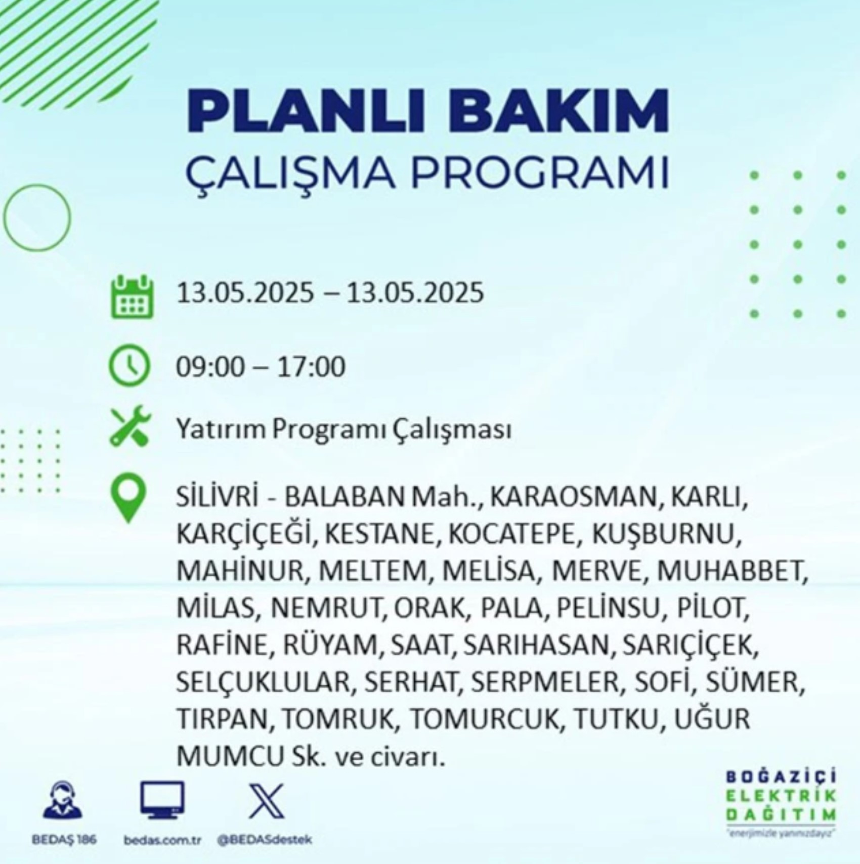 BEDAŞ paylaştı: İstanbul'da 13 Mayıs Salı günü elektrik kesintisi yaşanacak ilçeler