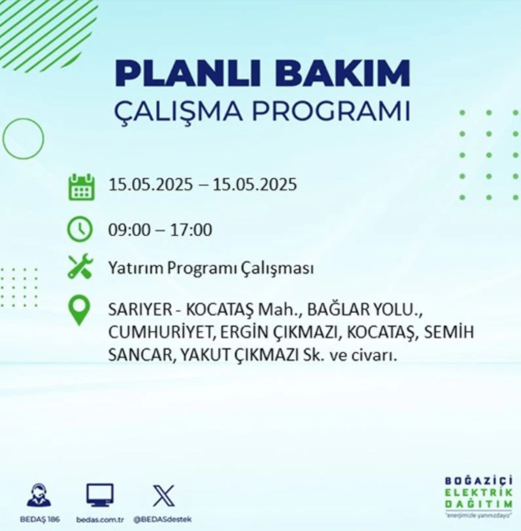 BEDAŞ paylaştı: İstanbul'da 15 Mayıs Perşembe günü elektrik kesintisi yaşanacak ilçeler
