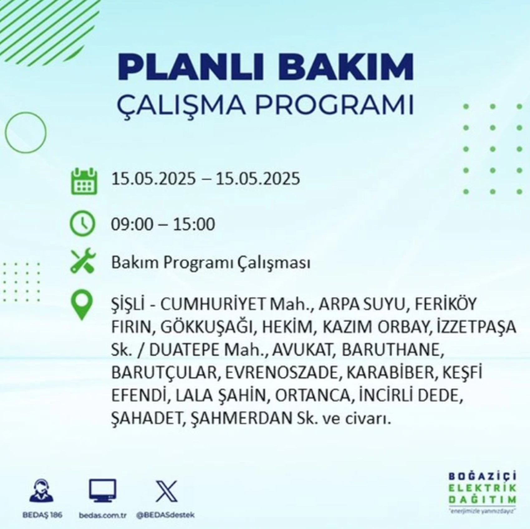 BEDAŞ paylaştı: İstanbul'da 15 Mayıs Perşembe günü elektrik kesintisi yaşanacak ilçeler