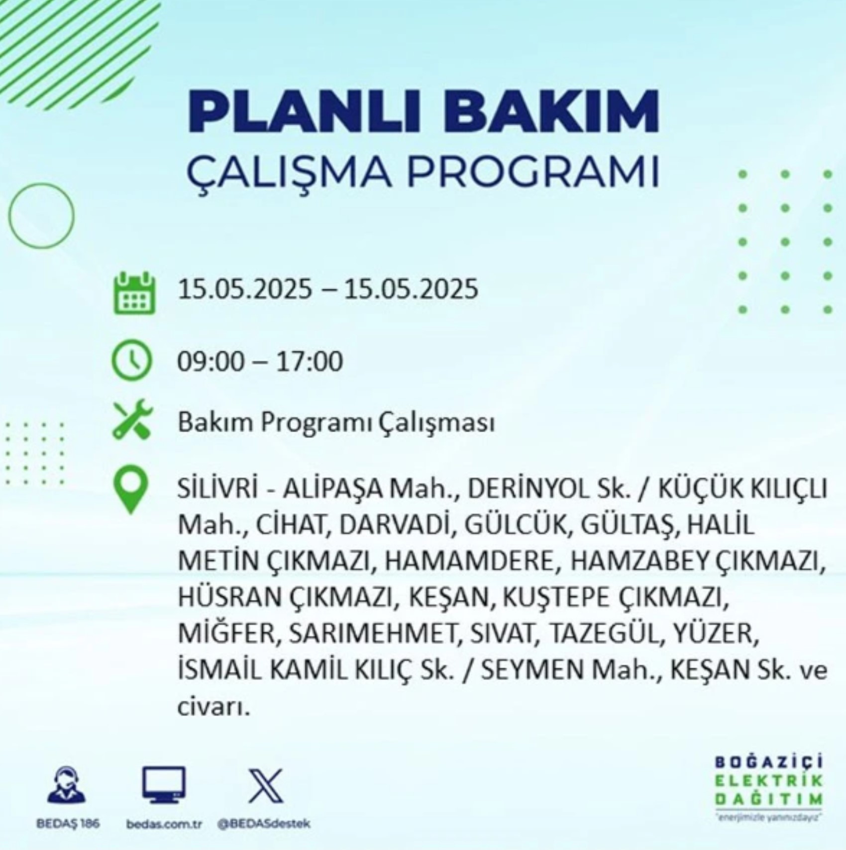 BEDAŞ paylaştı: İstanbul'da 15 Mayıs Perşembe günü elektrik kesintisi yaşanacak ilçeler