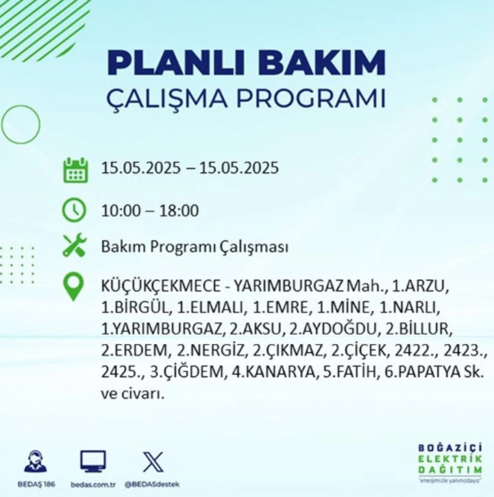 BEDAŞ paylaştı: İstanbul'da 15 Mayıs Perşembe günü elektrik kesintisi yaşanacak ilçeler