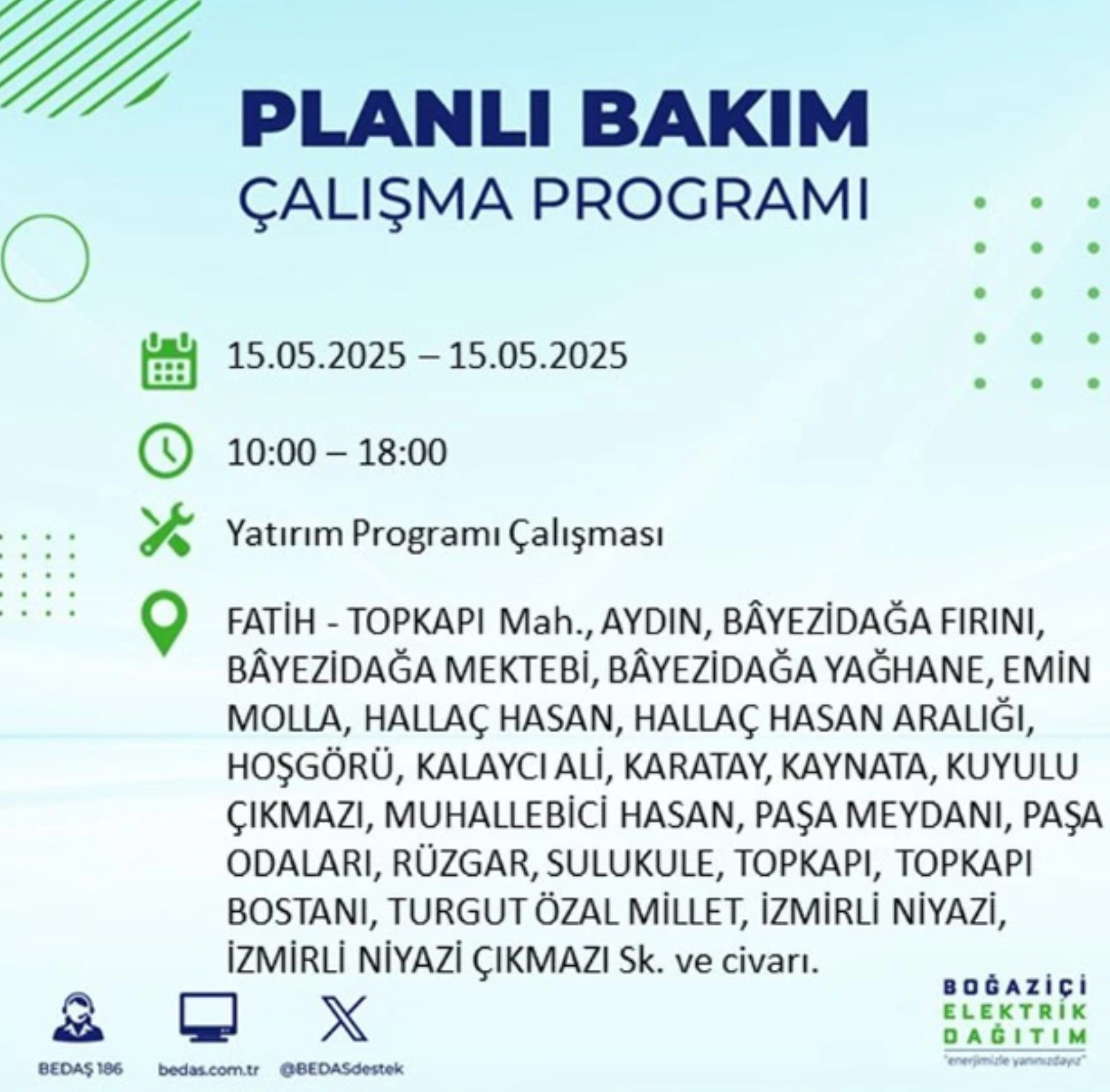 BEDAŞ paylaştı: İstanbul'da 15 Mayıs Perşembe günü elektrik kesintisi yaşanacak ilçeler