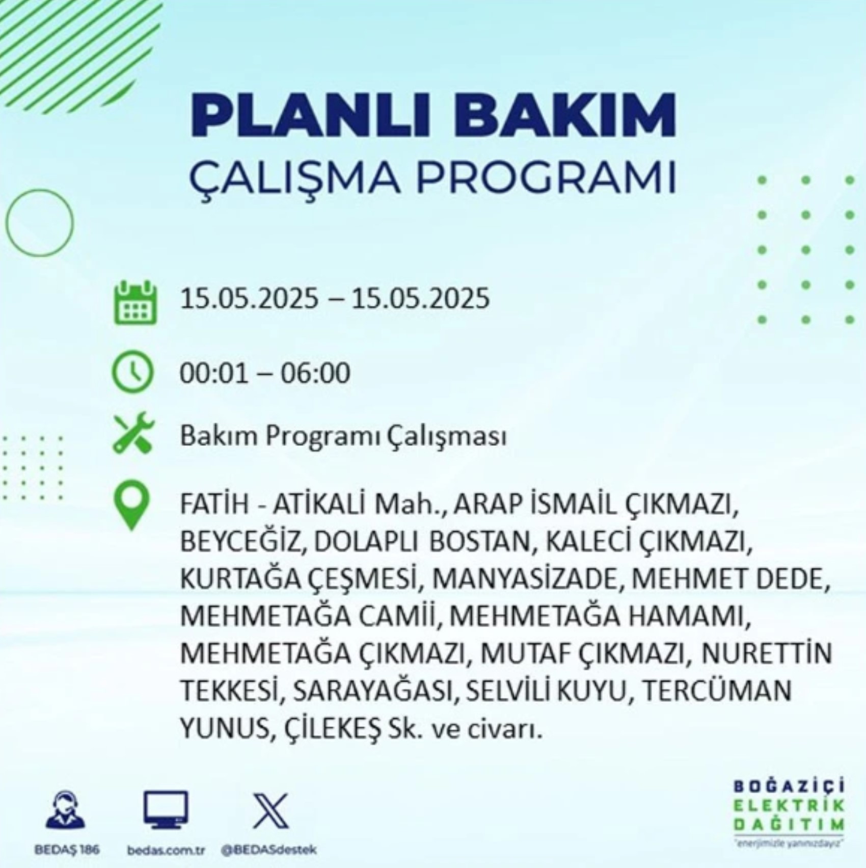 BEDAŞ paylaştı: İstanbul'da 15 Mayıs Perşembe günü elektrik kesintisi yaşanacak ilçeler