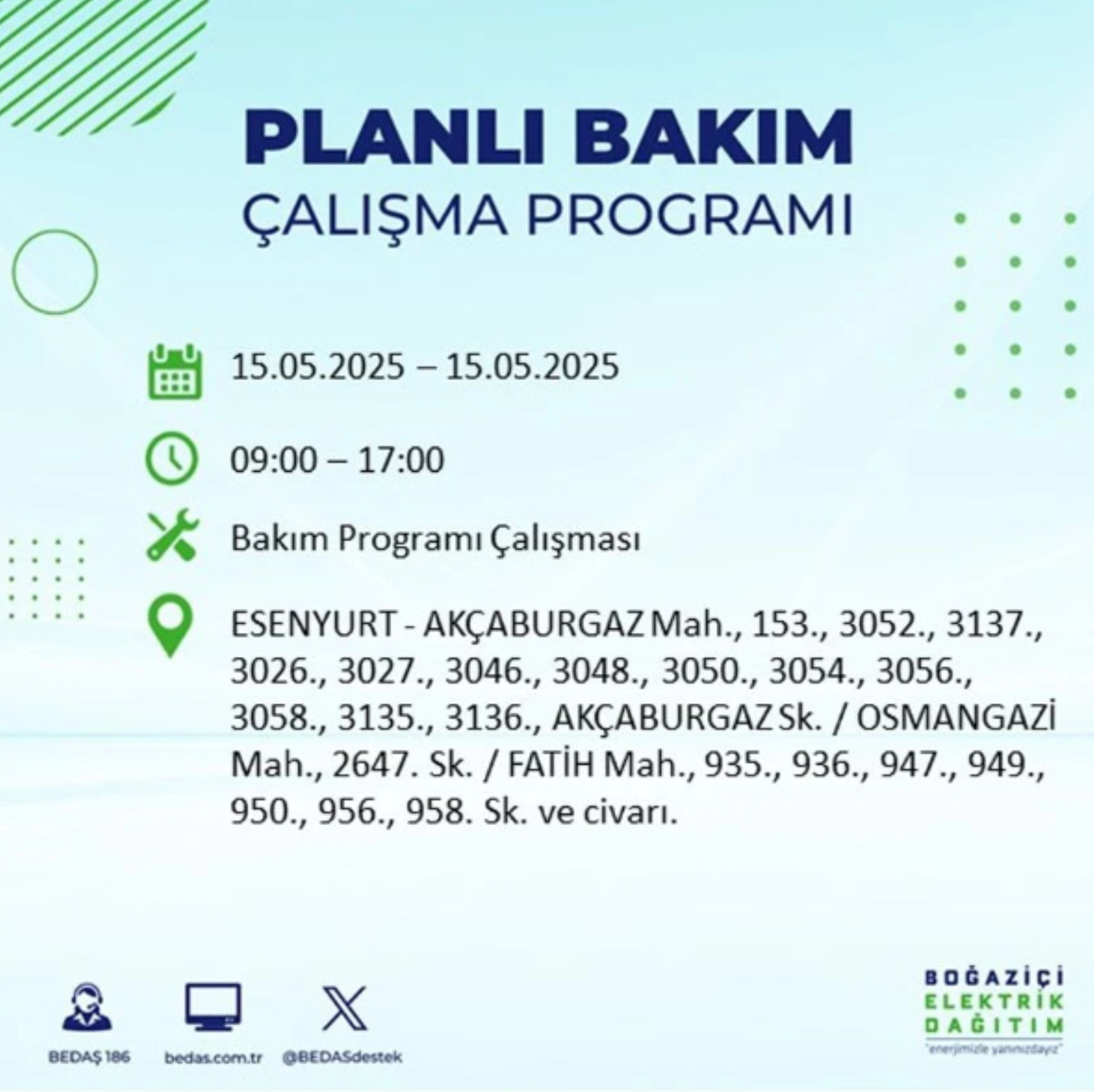 BEDAŞ paylaştı: İstanbul'da 15 Mayıs Perşembe günü elektrik kesintisi yaşanacak ilçeler