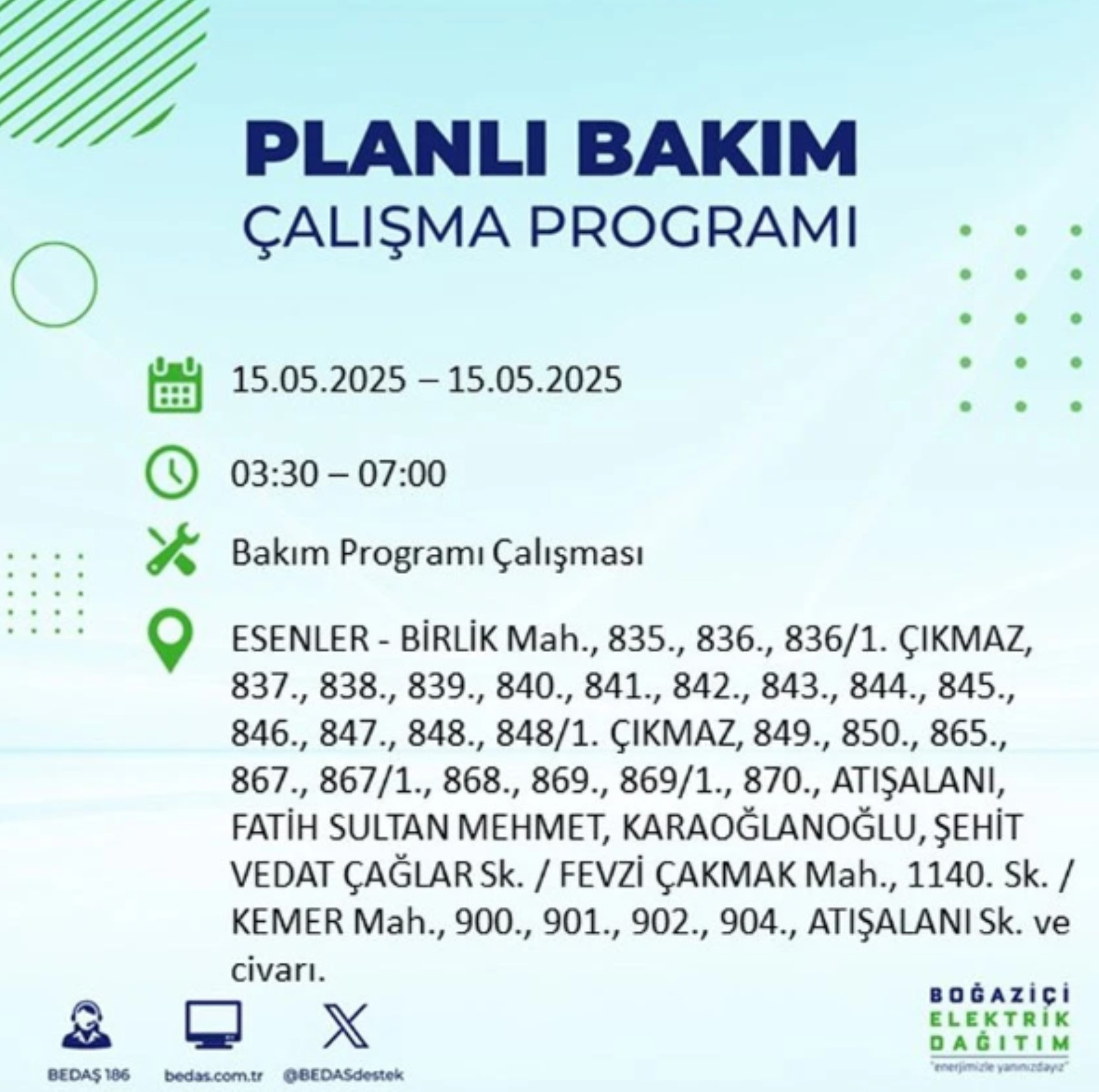 BEDAŞ paylaştı: İstanbul'da 15 Mayıs Perşembe günü elektrik kesintisi yaşanacak ilçeler