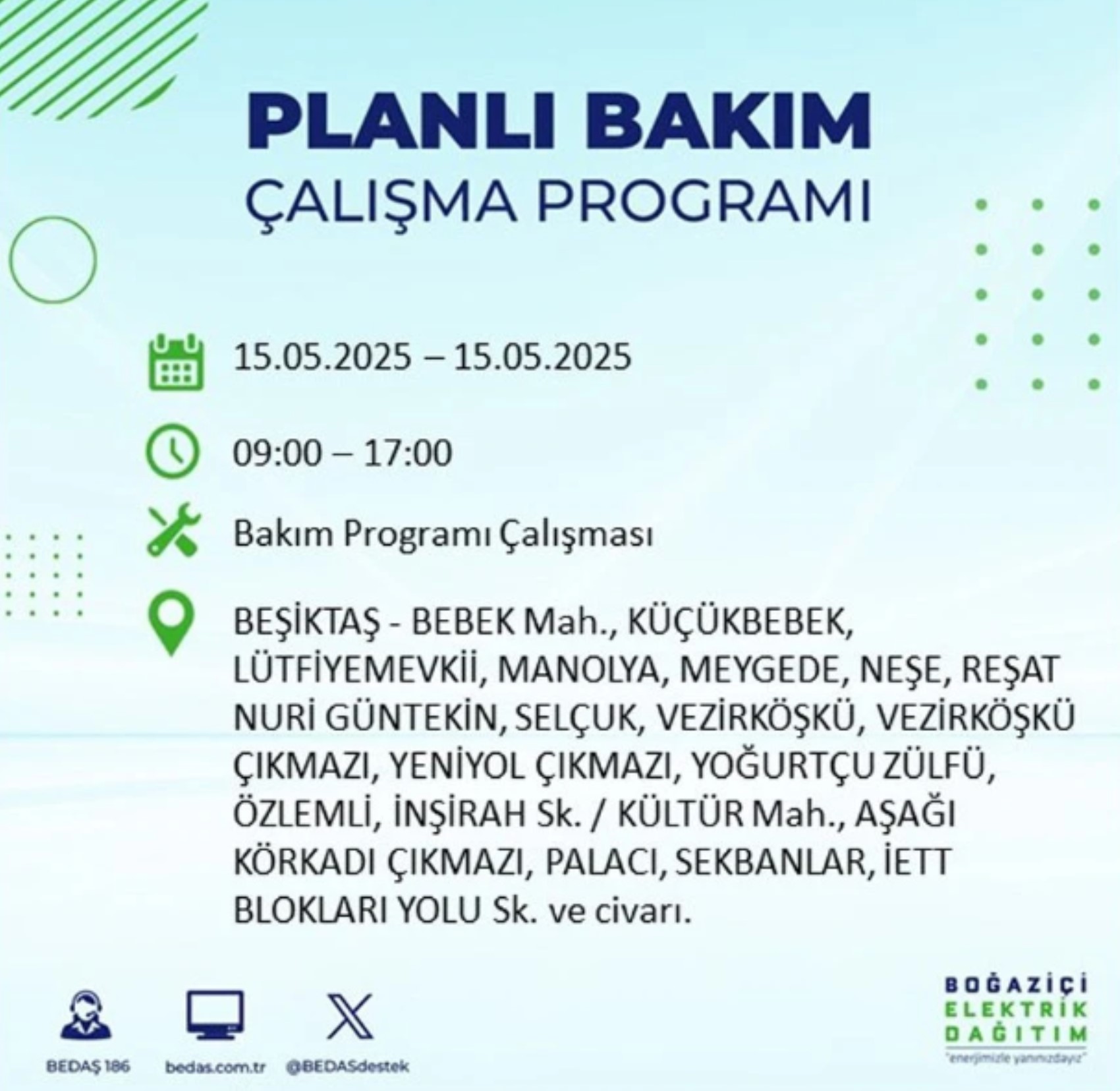 BEDAŞ paylaştı: İstanbul'da 15 Mayıs Perşembe günü elektrik kesintisi yaşanacak ilçeler