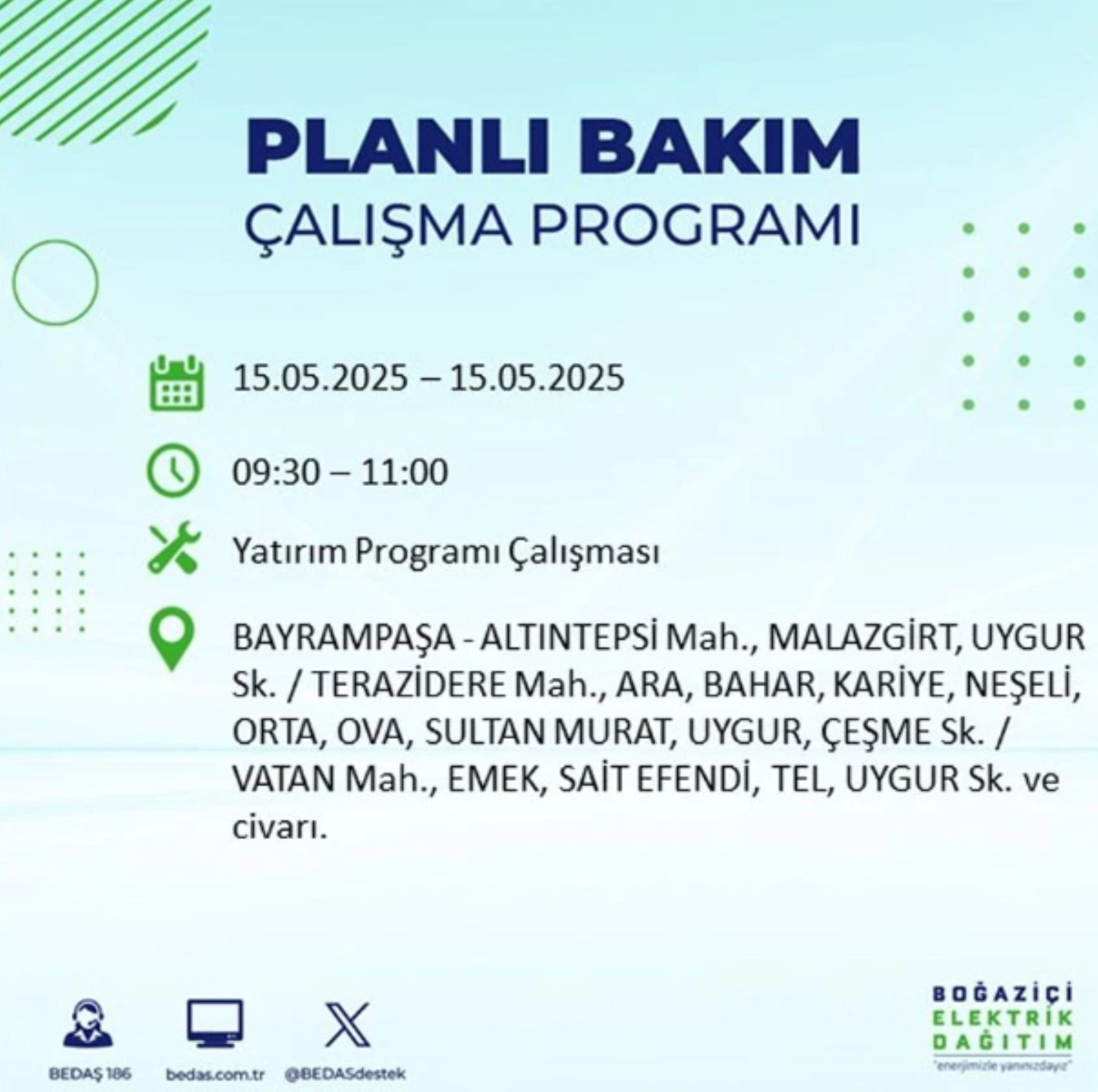 BEDAŞ paylaştı: İstanbul'da 15 Mayıs Perşembe günü elektrik kesintisi yaşanacak ilçeler
