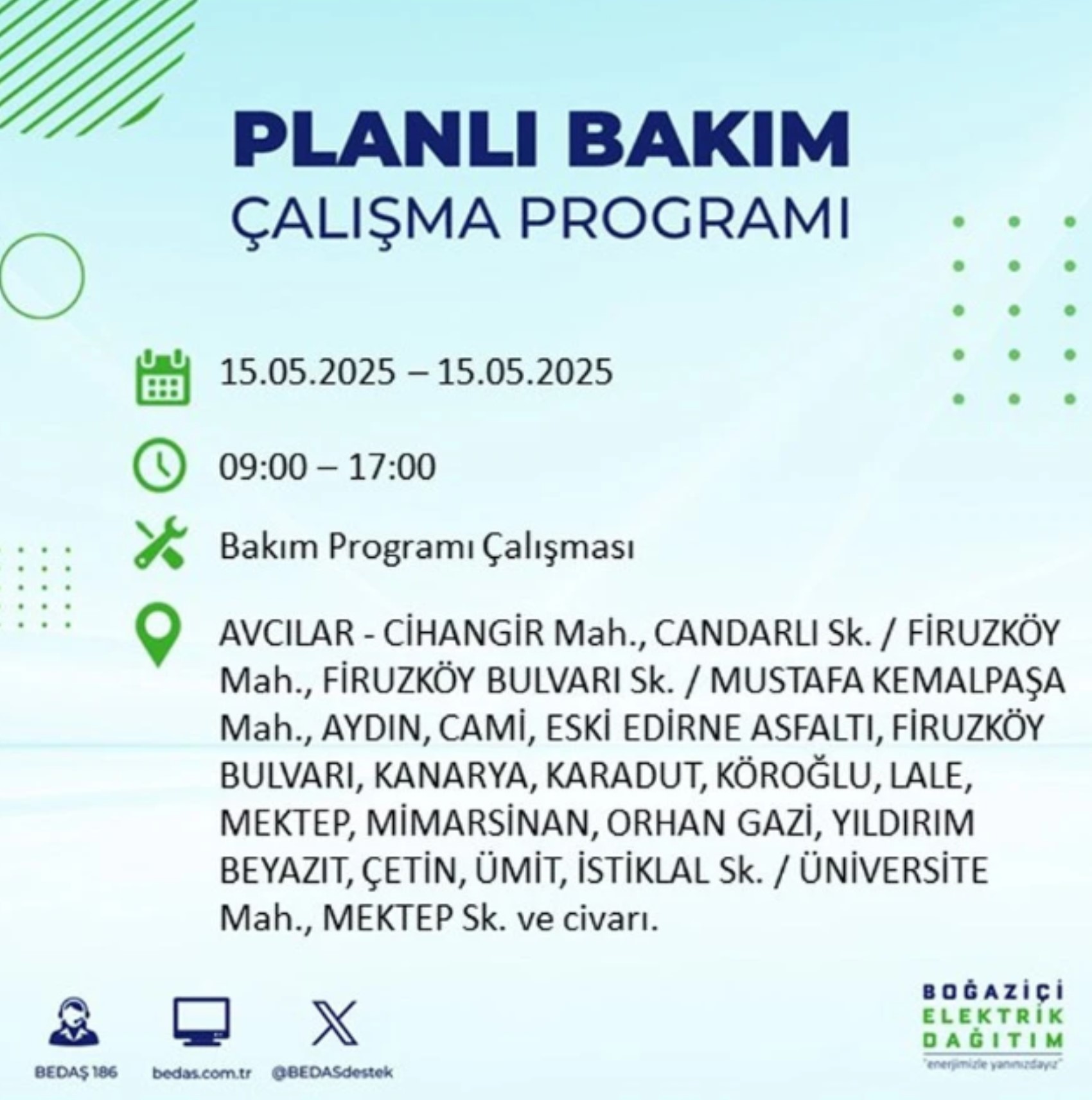 BEDAŞ paylaştı: İstanbul'da 15 Mayıs Perşembe günü elektrik kesintisi yaşanacak ilçeler