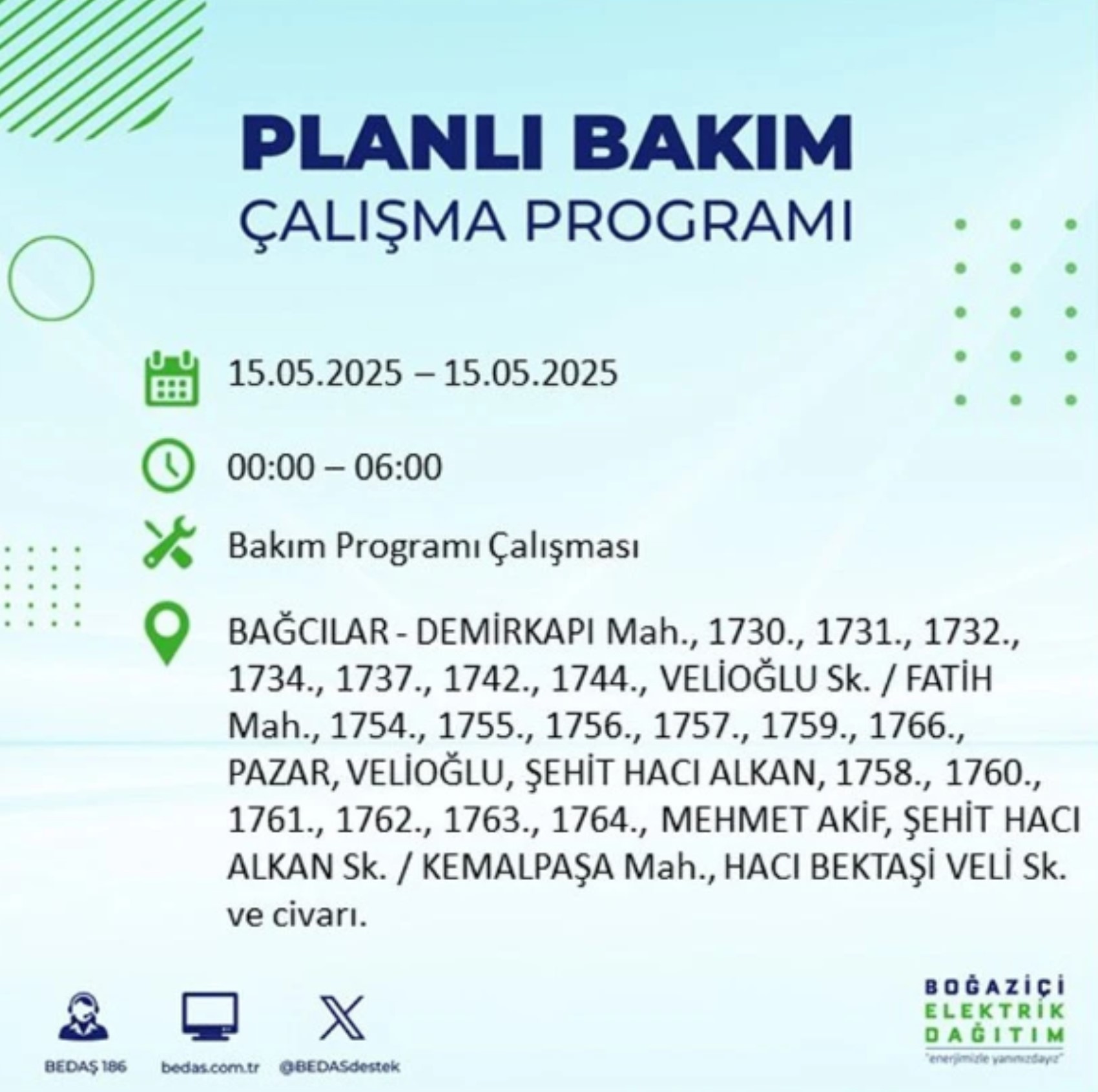 BEDAŞ paylaştı: İstanbul'da 15 Mayıs Perşembe günü elektrik kesintisi yaşanacak ilçeler