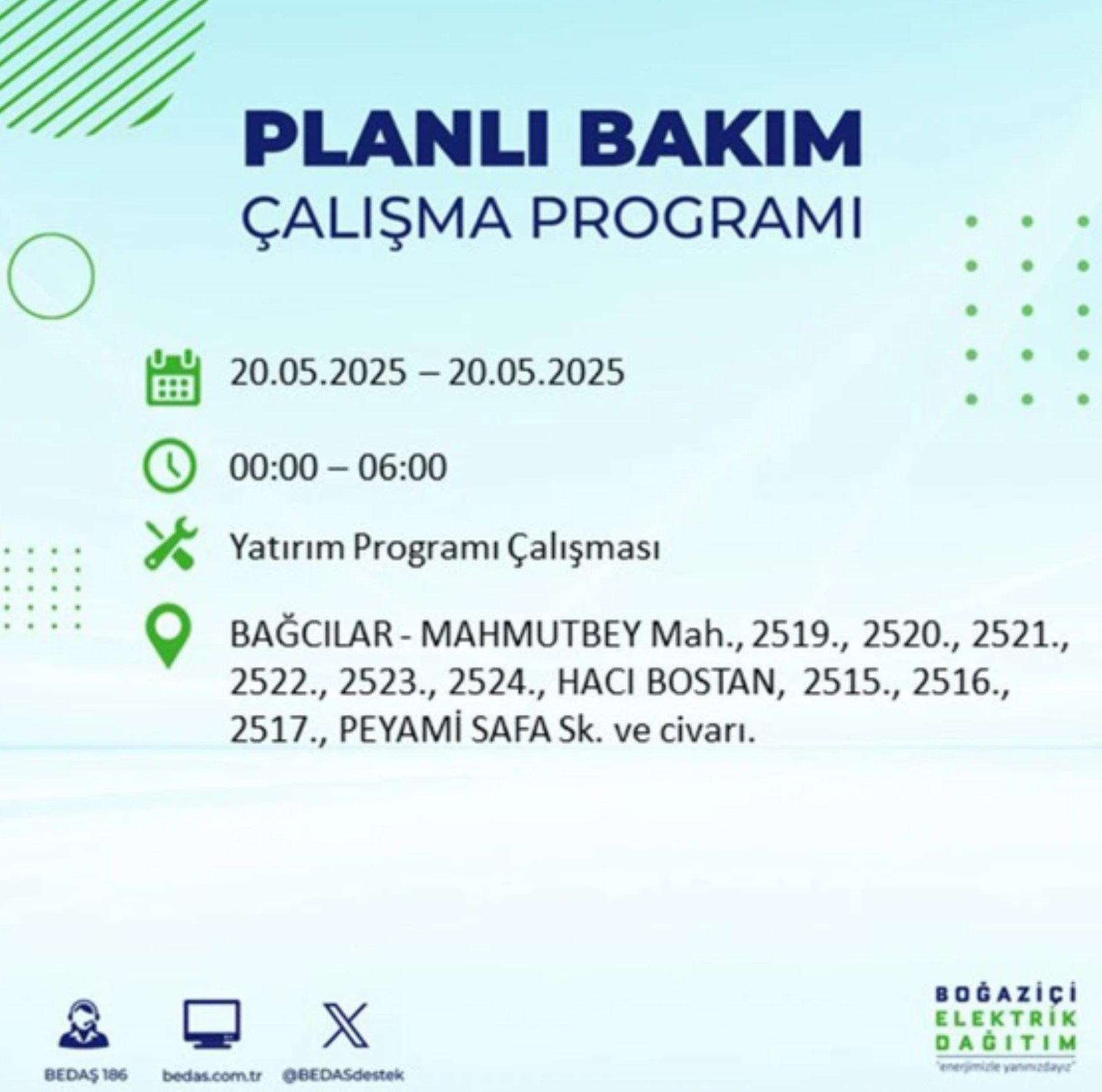 BEDAŞ paylaştı: İstanbul'da 20 Mayıs Salı günü elektrik kesintisi yaşanacak ilçeler