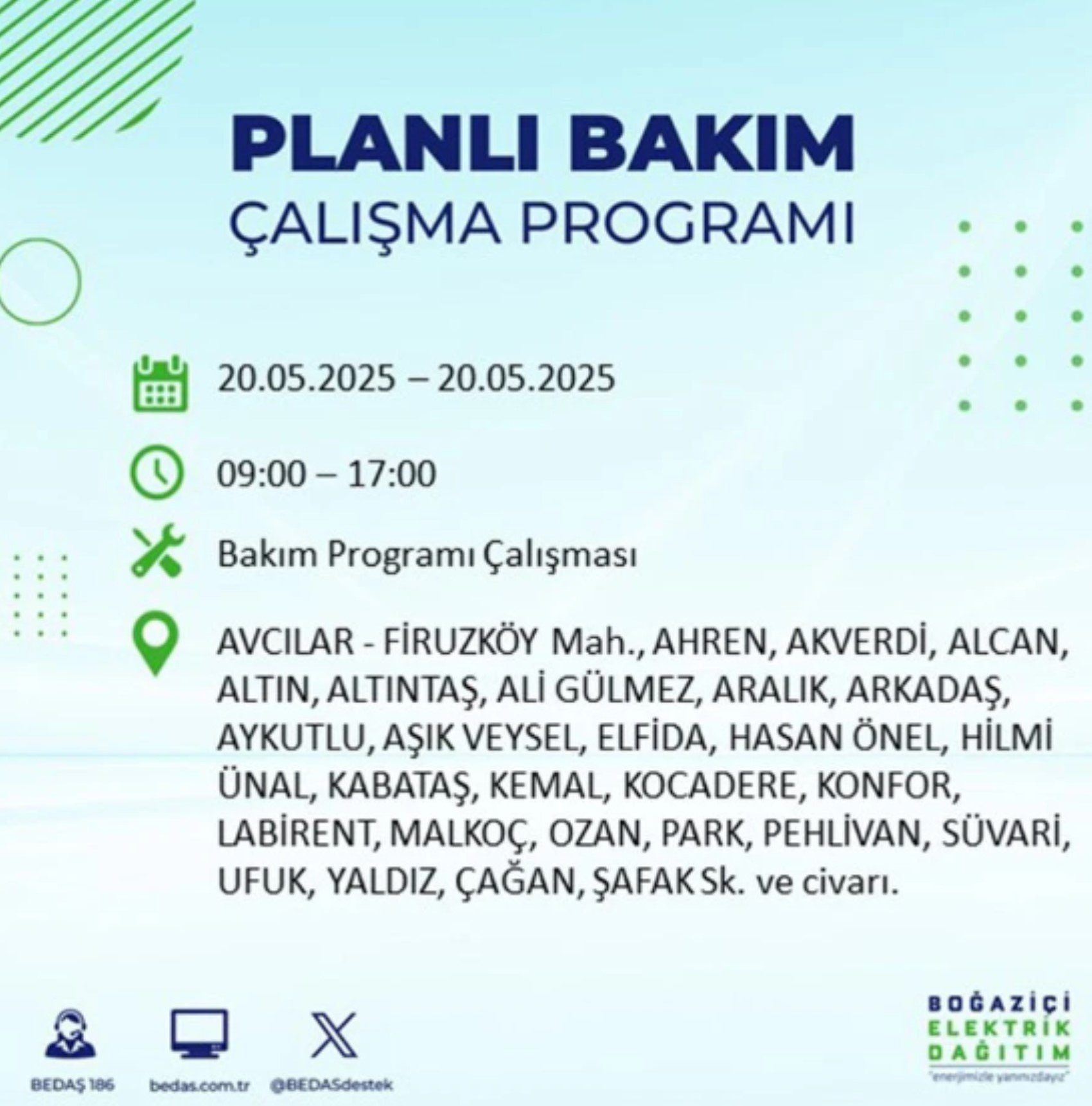 BEDAŞ paylaştı: İstanbul'da 20 Mayıs Salı günü elektrik kesintisi yaşanacak ilçeler