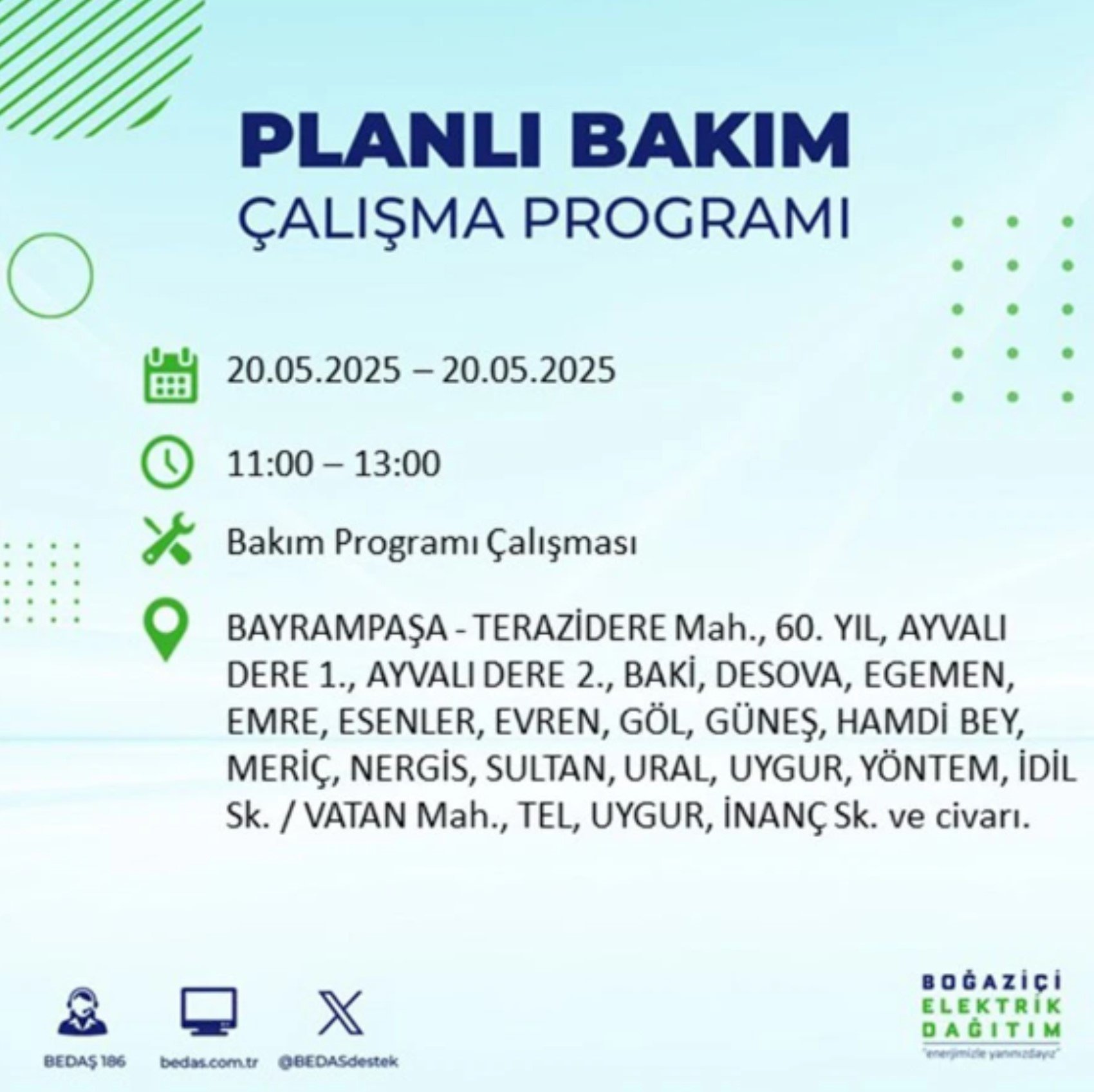 BEDAŞ paylaştı: İstanbul'da 20 Mayıs Salı günü elektrik kesintisi yaşanacak ilçeler
