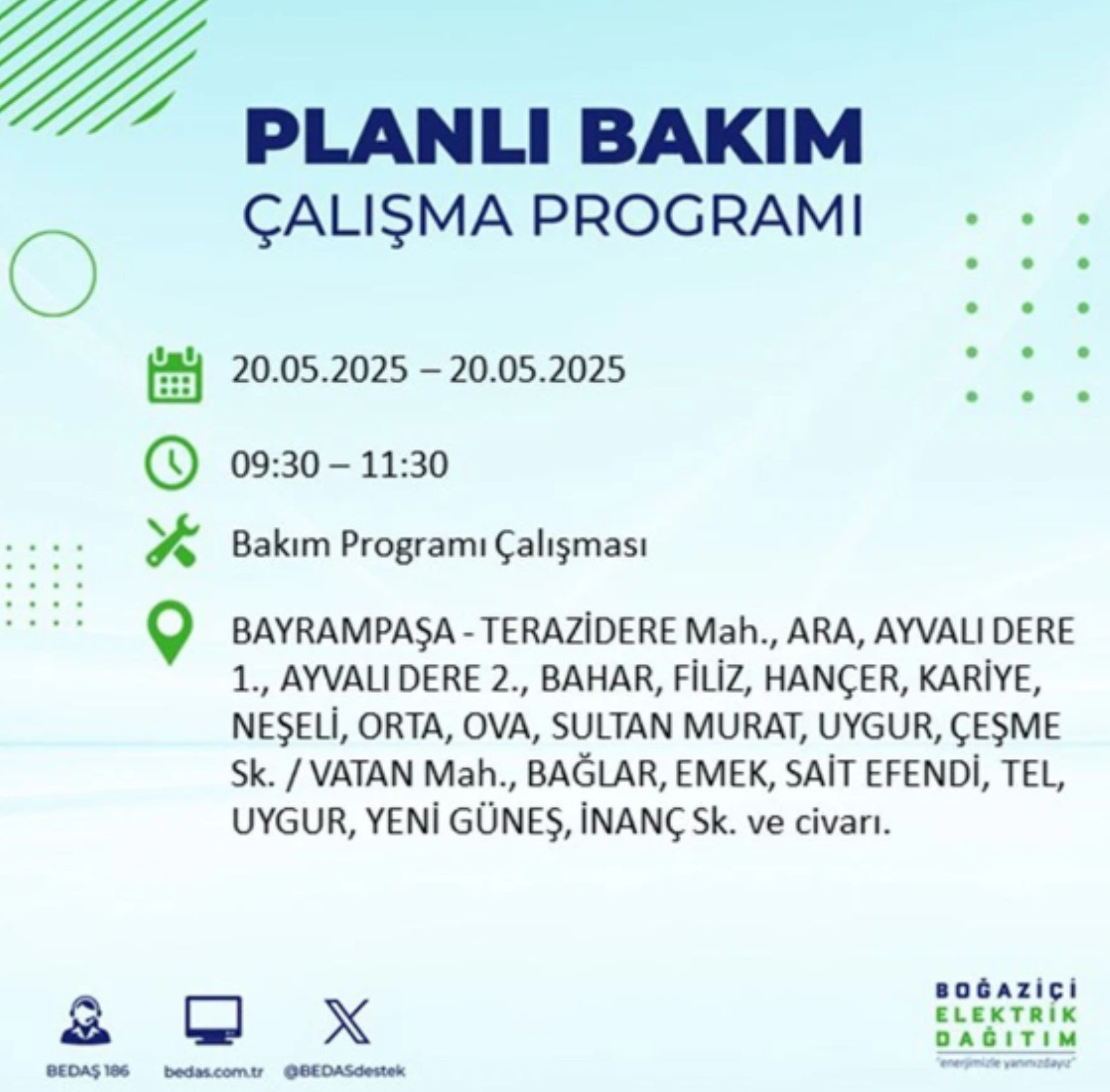BEDAŞ paylaştı: İstanbul'da 20 Mayıs Salı günü elektrik kesintisi yaşanacak ilçeler